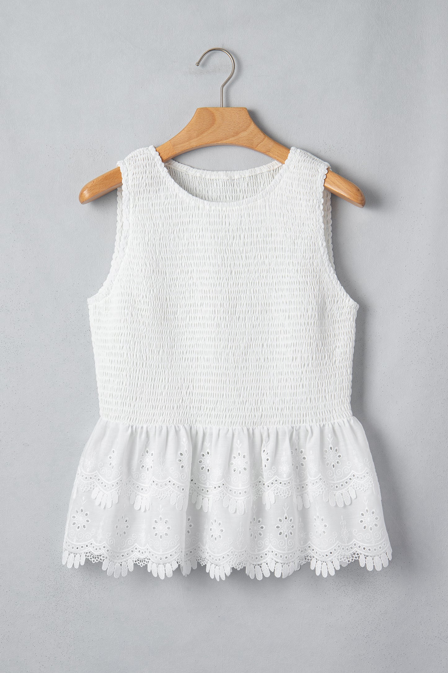 White Sleeveless Smocked Lace Peplum Top