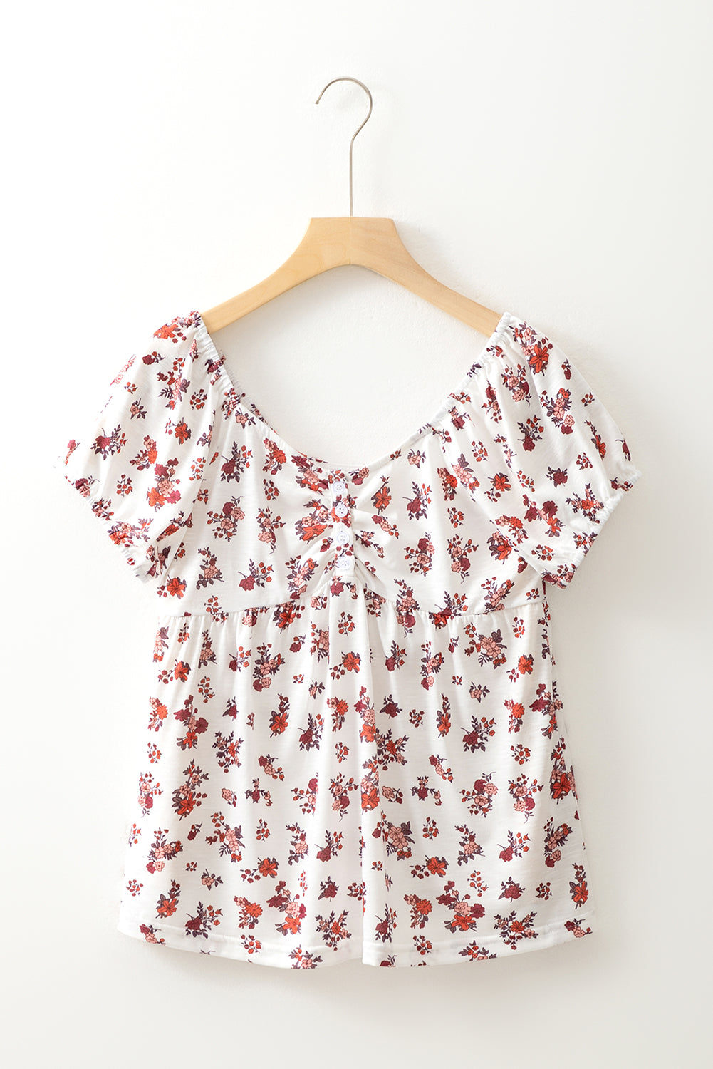 White Boho Floral Ruched Cinched Short Sleeve Blouse-Tops/Blouses & Shirts-[Adult]-[Female]-2022 Online Blue Zone Planet