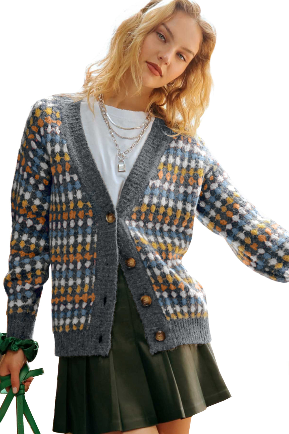 Multicolour Dotty Pattern Knit Button Front V Neck Sweater Cardigan-TOPS / DRESSES-[Adult]-[Female]-2022 Online Blue Zone Planet