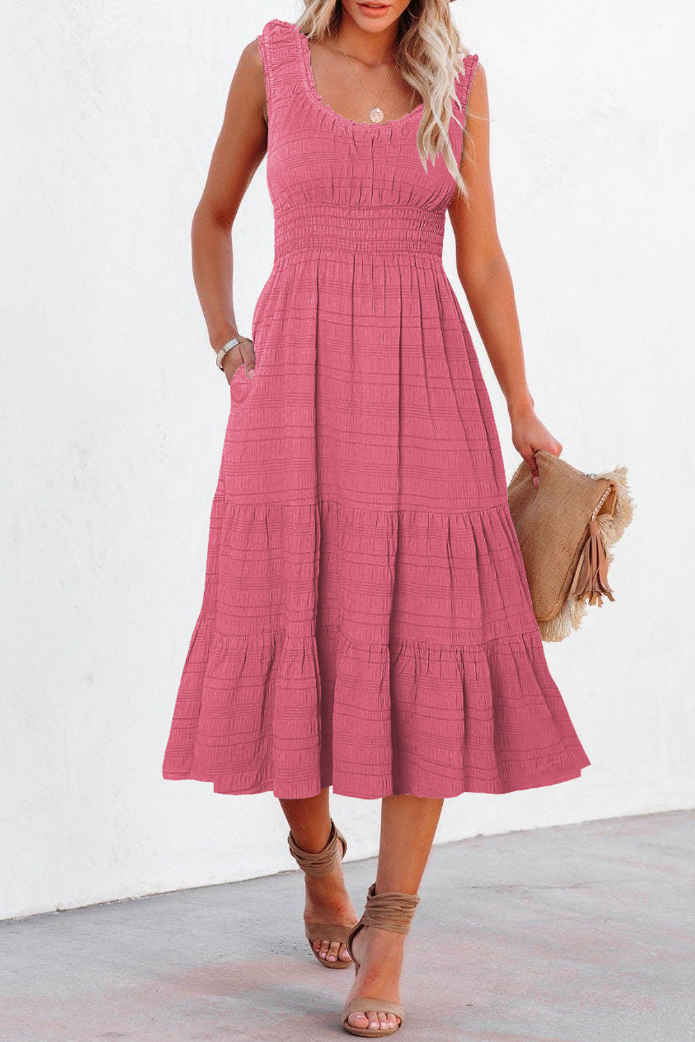 Rose Shirred Pleated Square Neck Sleeveless Midi Dress-TOPS / DRESSES-[Adult]-[Female]-2022 Online Blue Zone Planet