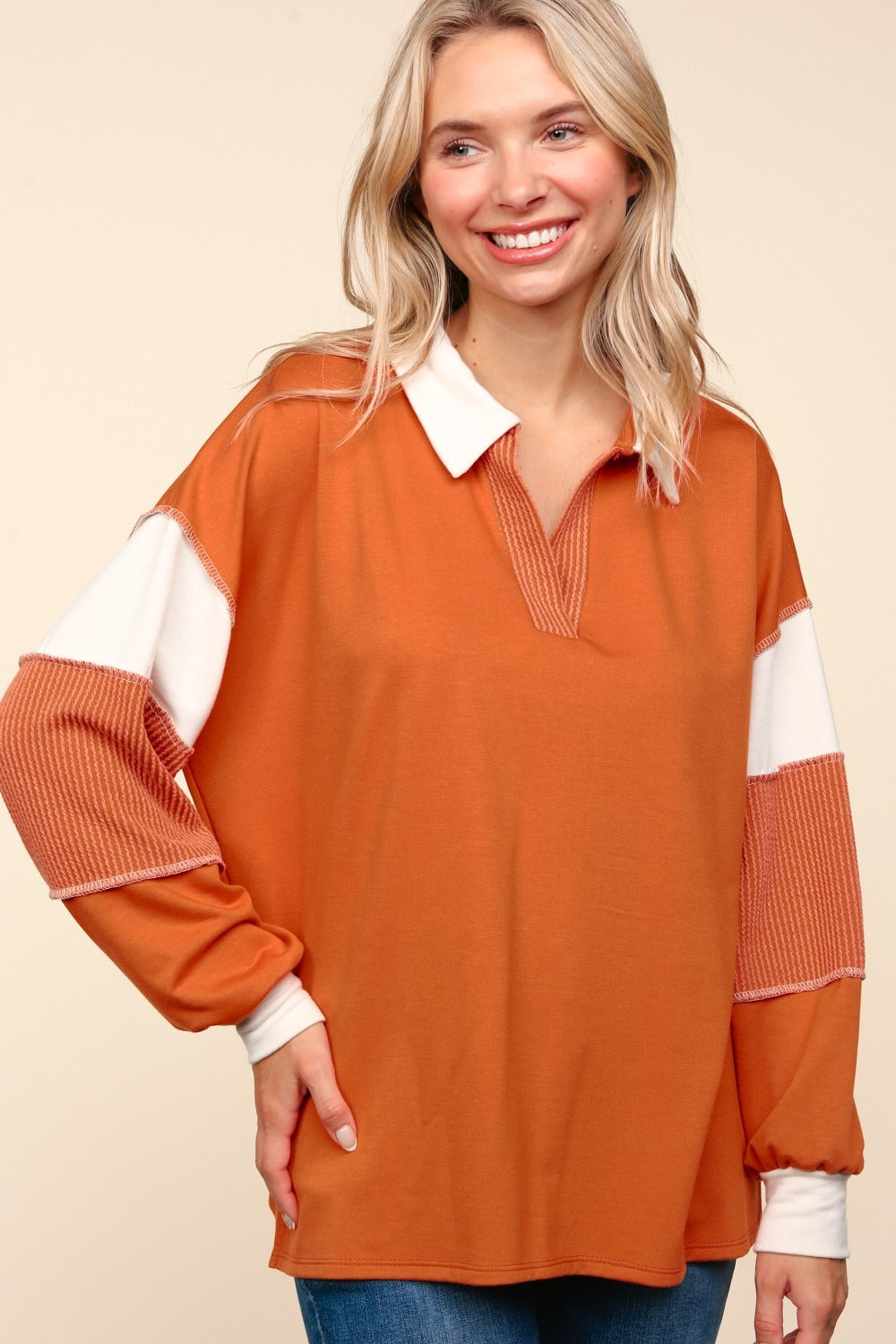 Haptics Color Block Exposed Seam Long Sleeve Top-TOPS / DRESSES-[Adult]-[Female]-2022 Online Blue Zone Planet