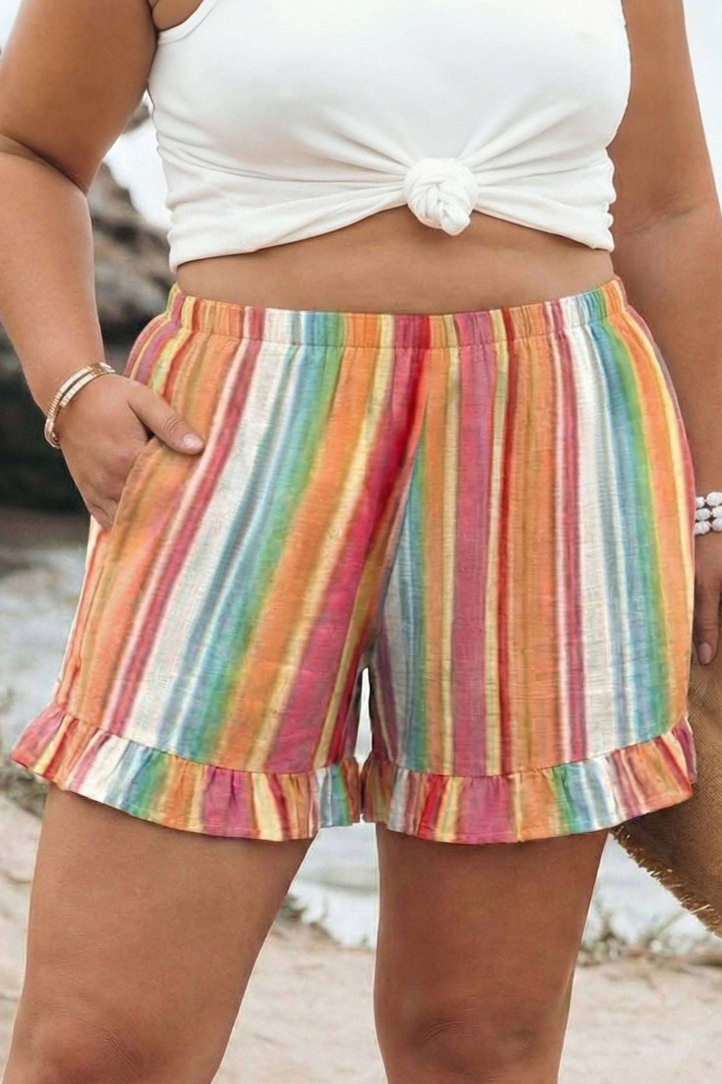 Orange Stripe Plus Size Elastic Waist Ruffle Hem Shorts-Plus Size/Plus Size Bottoms-[Adult]-[Female]-Orange Stripe-1X-2022 Online Blue Zone Planet