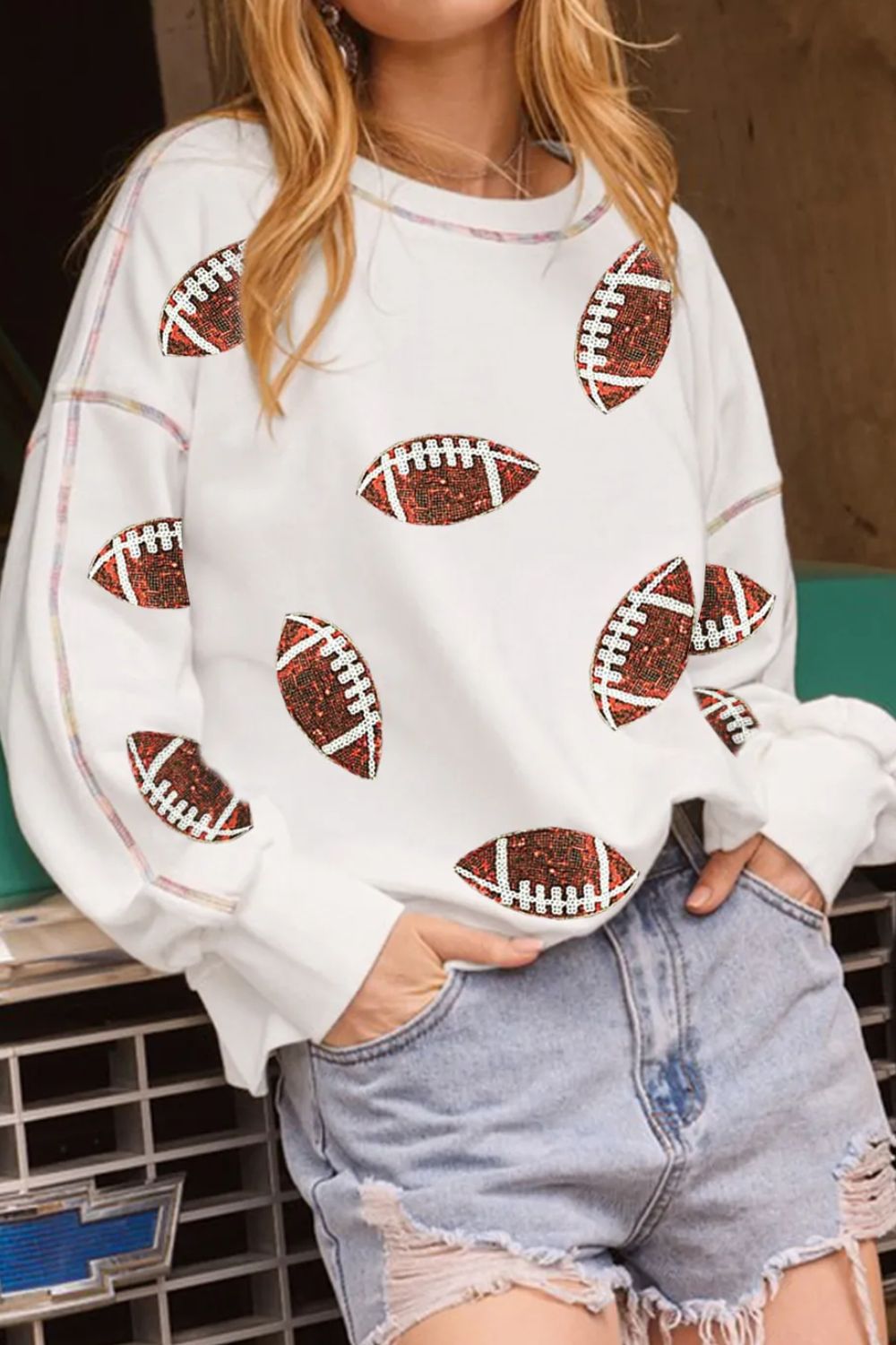 Sequin Football Round Neck Long Sleeve Sweatshirt-TOPS / DRESSES-[Adult]-[Female]-White-S-2022 Online Blue Zone Planet