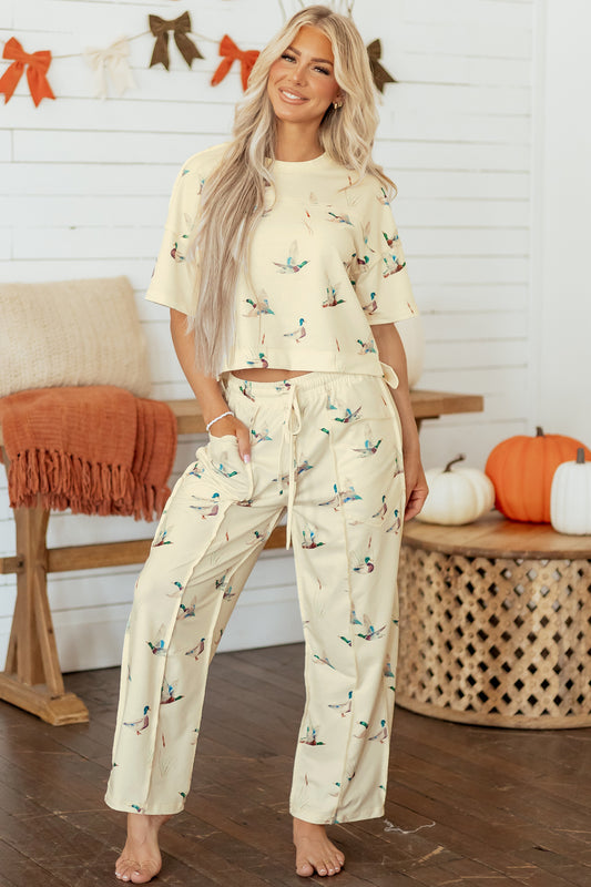Beige Duck Print Short Sleeve Top Pocket Pants 2pcs Casual Set-Two Piece Sets/Pant Sets-[Adult]-[Female]-2022 Online Blue Zone Planet