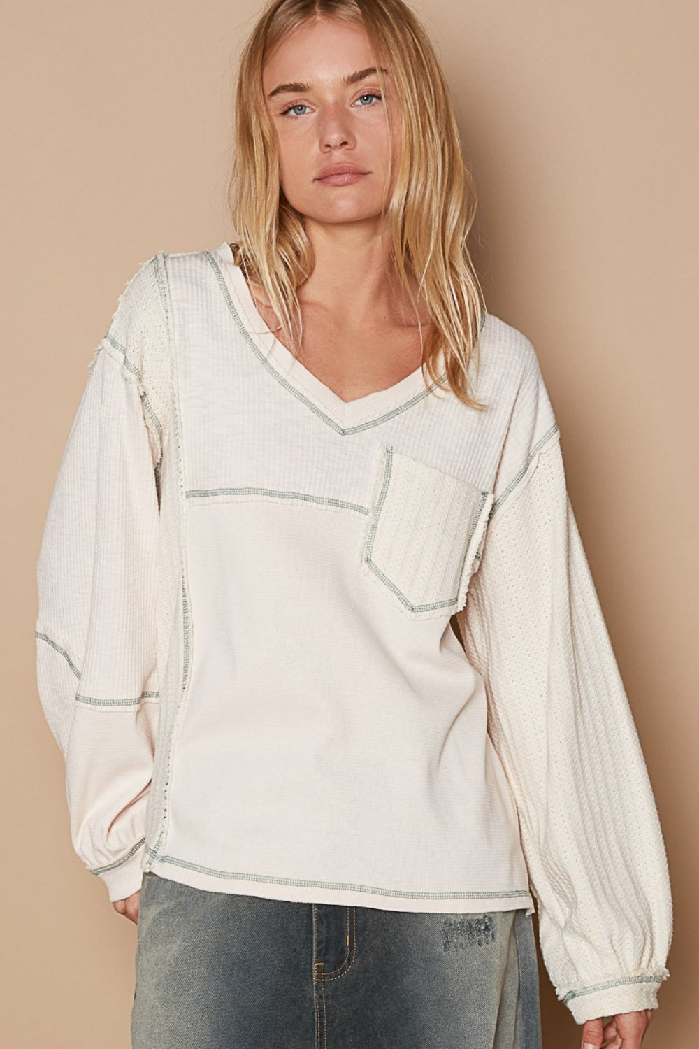 Blue Zone Planet | POL V-Neck knit Panel Exposed Seam Top-TOPS / DRESSES-[Adult]-[Female]-Cream-S-2022 Online Blue Zone Planet