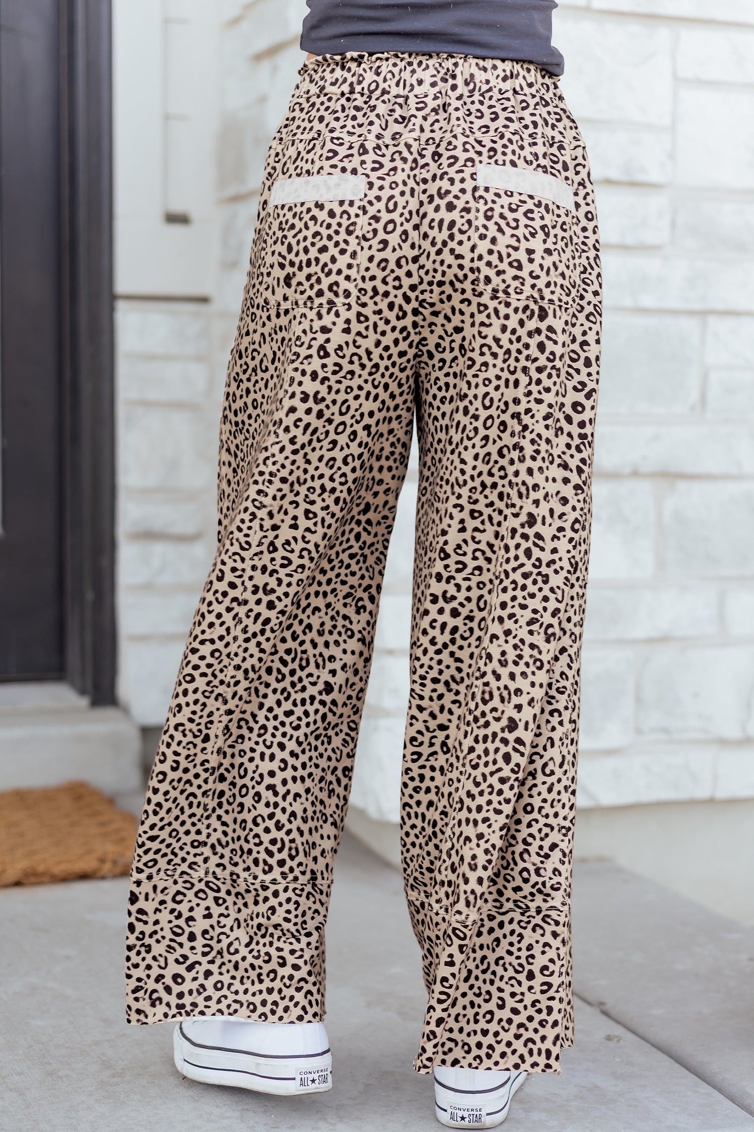Khaki Animal Print Wide Leg Terry Knit Pants-Bottoms/Pants & Culotte-[Adult]-[Female]-2022 Online Blue Zone Planet