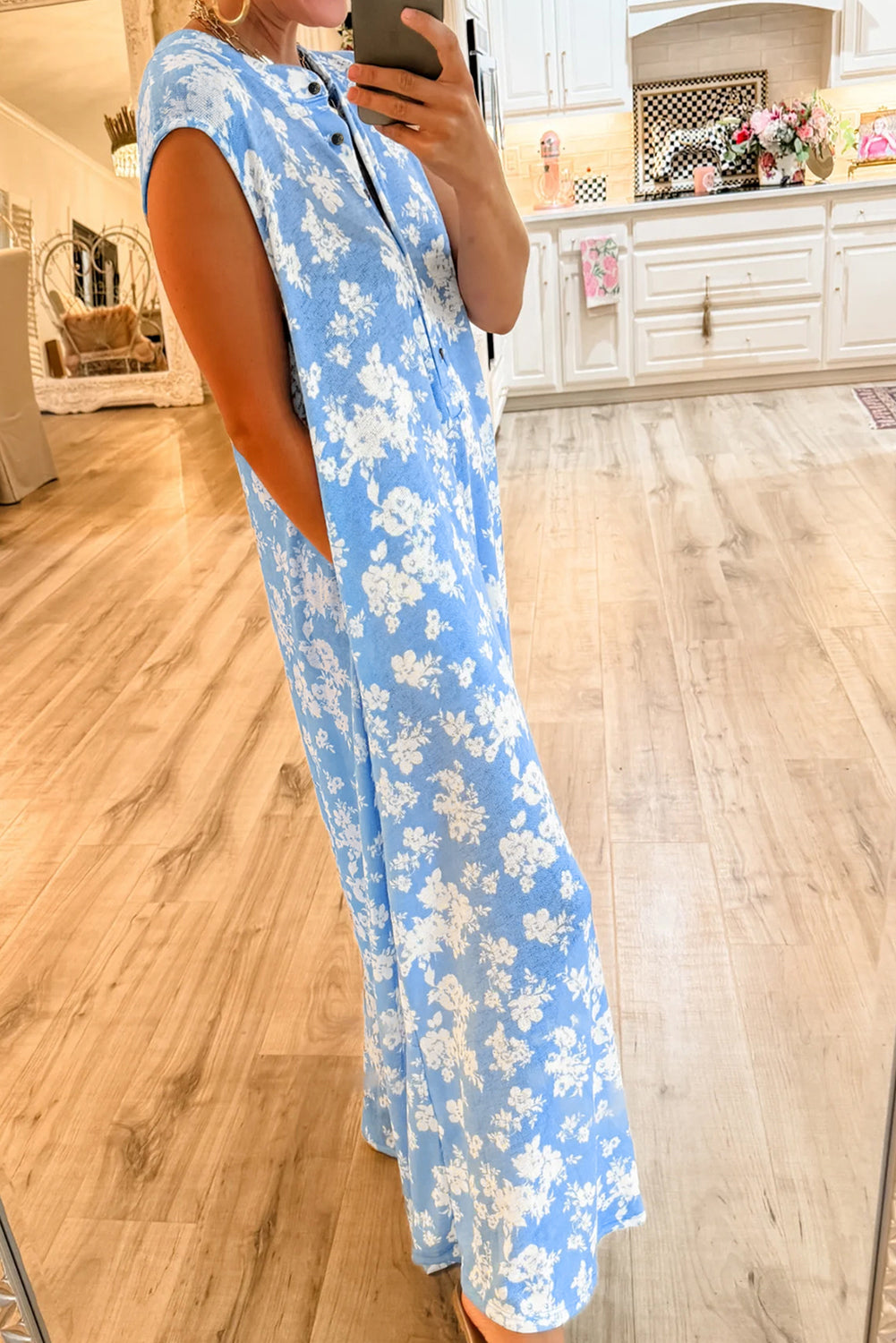 Myosotis Floral Print Half Button Wide Leg Relaxed Sleeveless Jumpsuit-Bottoms/Jumpsuits & Rompers-[Adult]-[Female]-2022 Online Blue Zone Planet