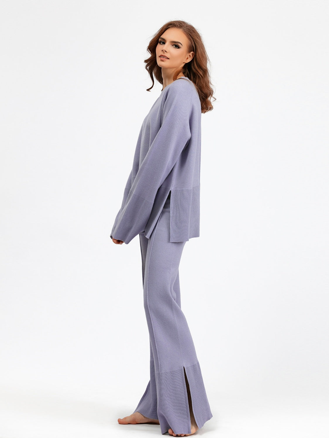 Blue Zone Planet | Basic Bae Slit Round Neck Long Sleeve Top and Drawstring Pants Sweater Set-TOPS / DRESSES-[Adult]-[Female]-Dusty Blue-One Size-2022 Online Blue Zone Planet