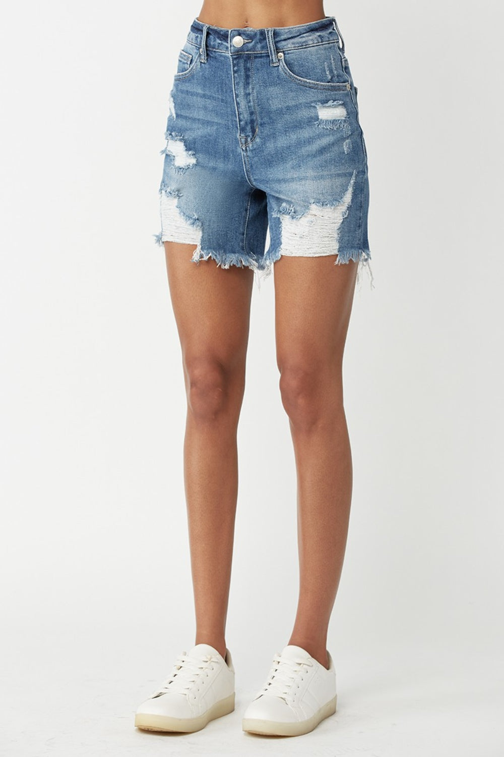 Blue Zone Planet | RISEN High Waisted Distressed Denim Shorts-BOTTOMS SIZES SMALL MEDIUM LARGE-[Adult]-[Female]-2022 Online Blue Zone Planet