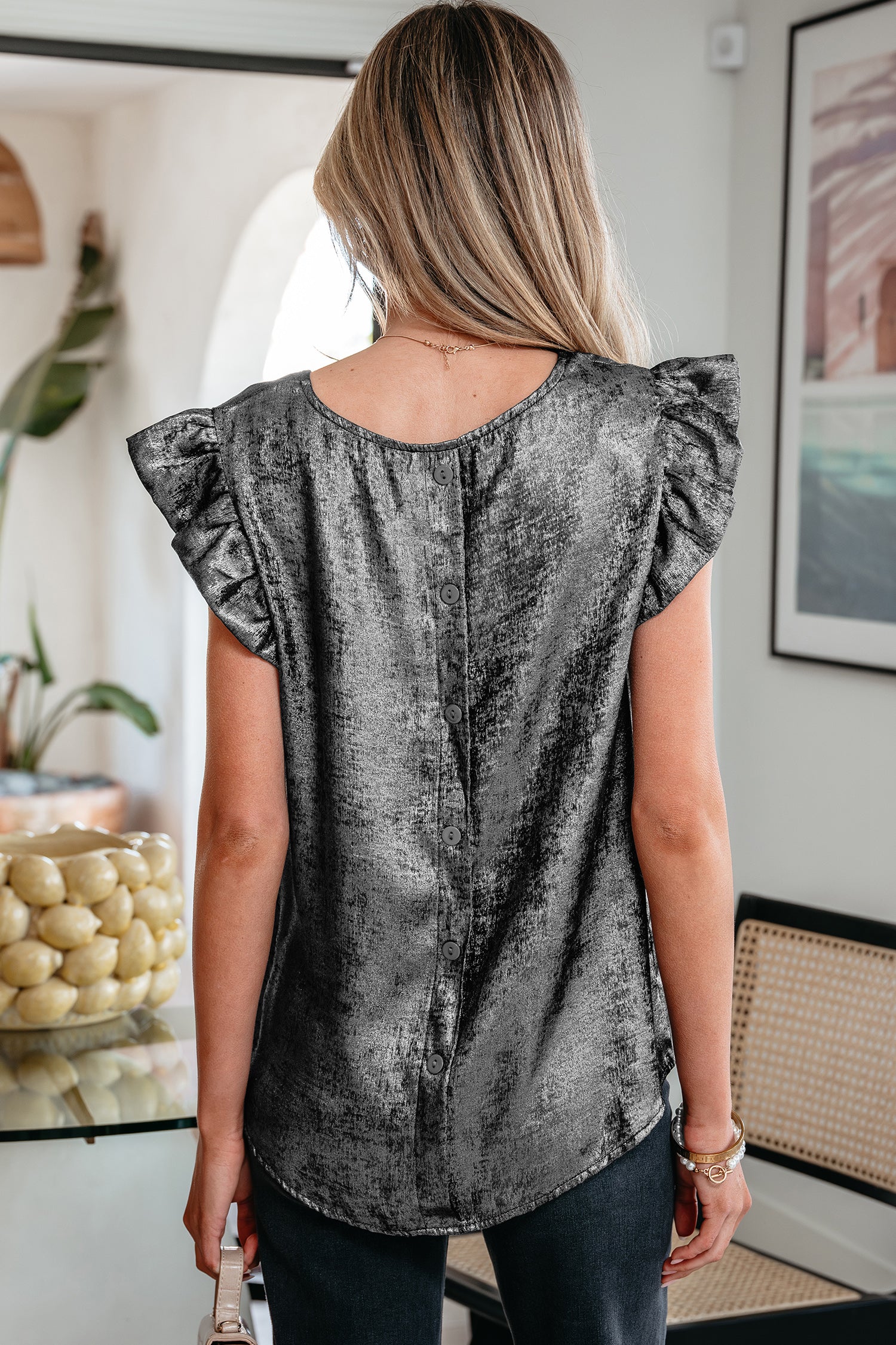 Silvery Metallic Round Neck Ruffle Trim Sleeveless Top-Tops/Tank Tops-[Adult]-[Female]-2022 Online Blue Zone Planet