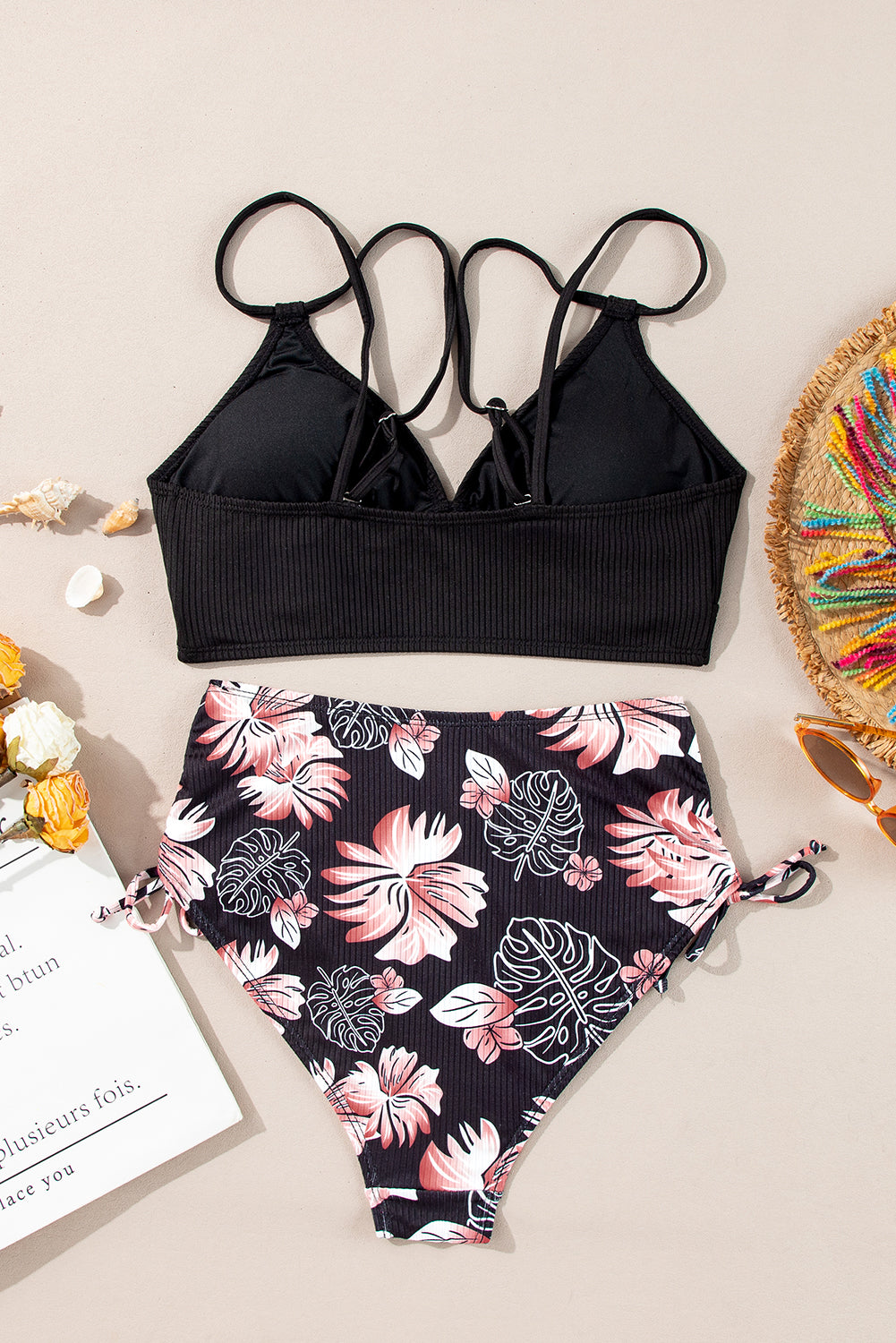 Black Ribbed Knit High Waist 2pcs Bikini Swimsuit-Swimwear/High Waisted Swimsuit-[Adult]-[Female]-2022 Online Blue Zone Planet