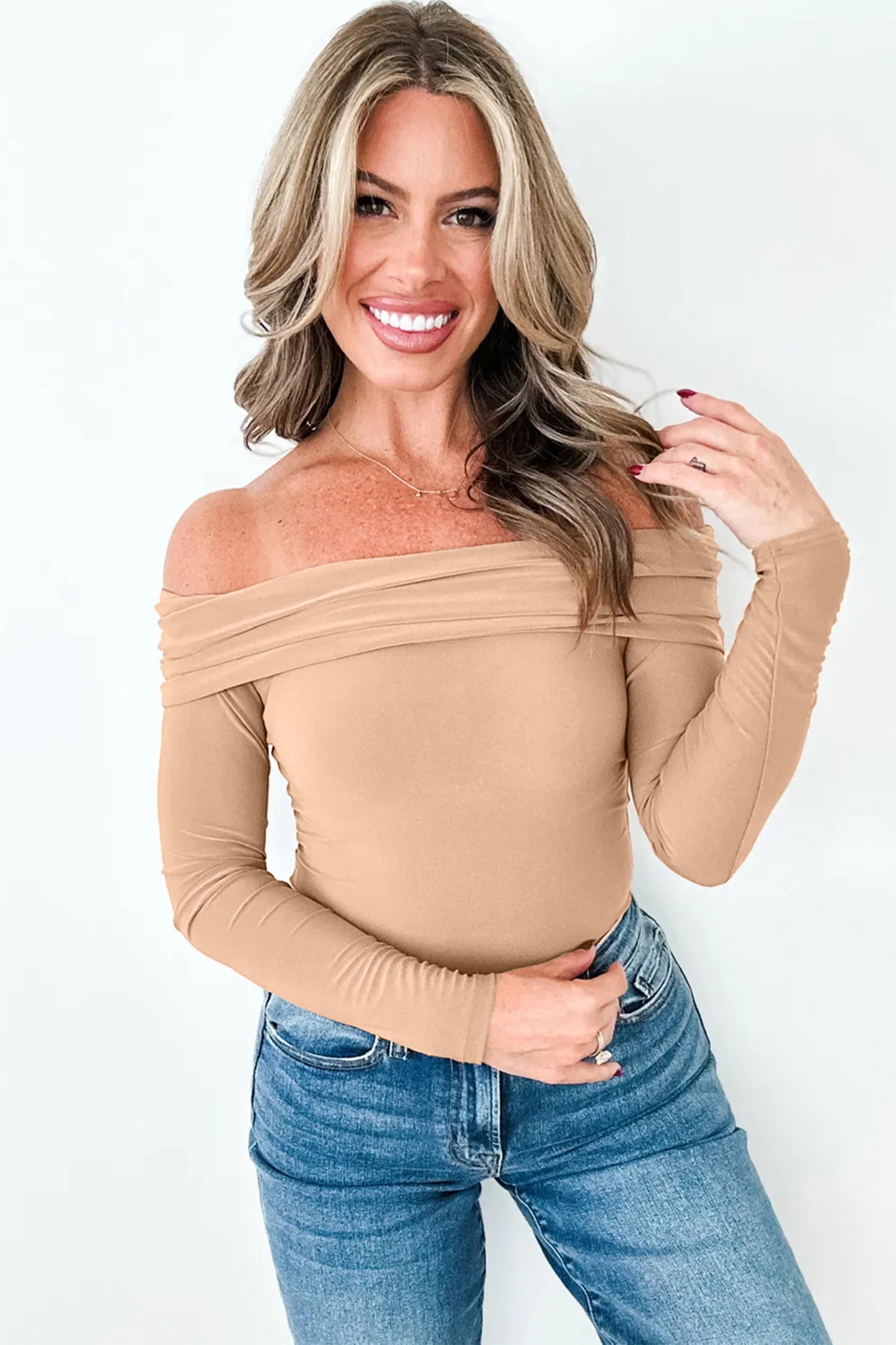 Smoke Gray Foldover Off Shoulder Long Sleeve Slim Top-Tops/Long Sleeve Tops-[Adult]-[Female]-2022 Online Blue Zone Planet