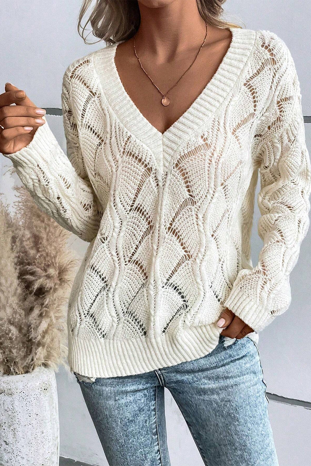 Blue Zone Planet | Beige Hollow Out Knit V Neck Drop Shoulder Sweater-Sweaters & Cardigans/Sweaters-[Adult]-[Female]-2022 Online Blue Zone Planet