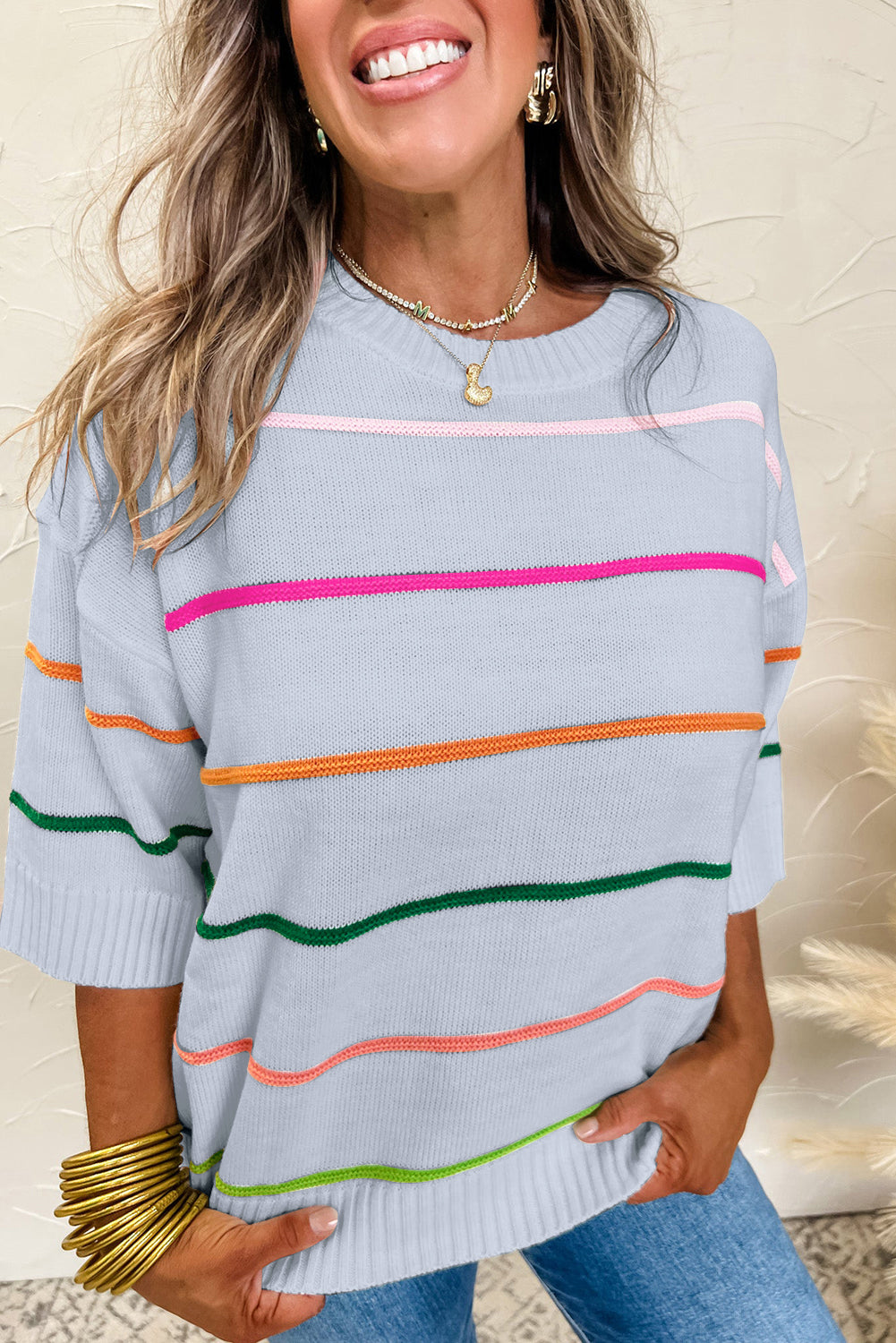Beau Blue Colorblock Striped Half Sleeve Drop Shoulder Sweater-Sweaters & Cardigans/Short Sleeve Sweaters-[Adult]-[Female]-Beau Blue-S-2022 Online Blue Zone Planet