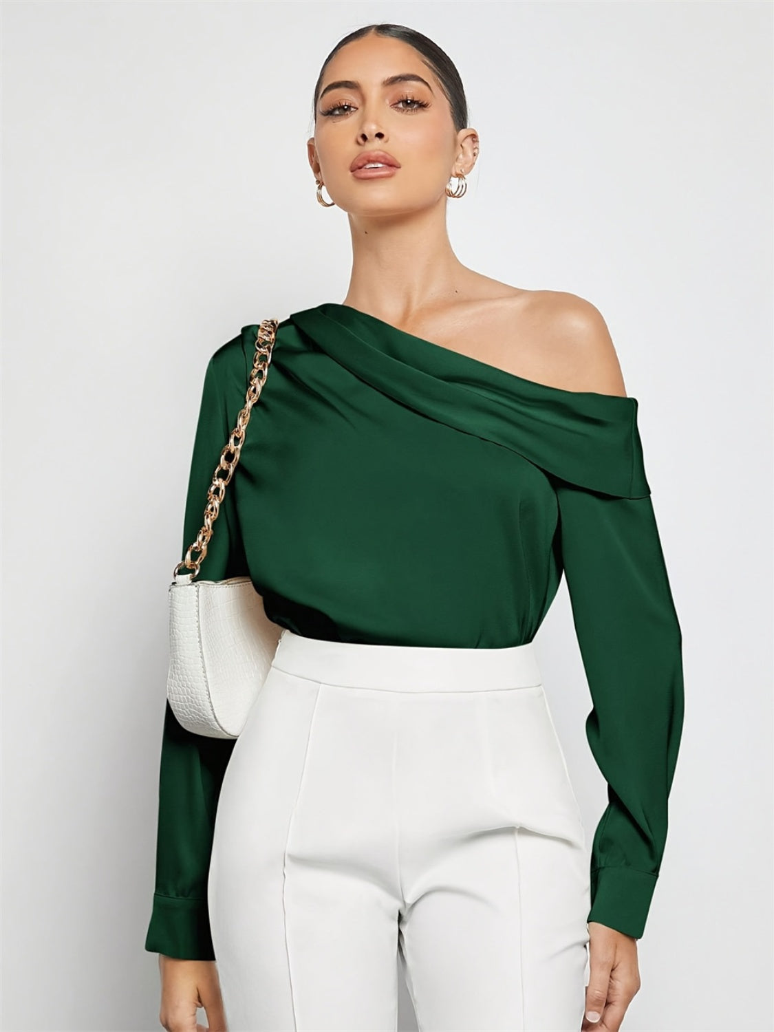 Ruched One Shoulder Long Sleeve Top-TOPS / DRESSES-[Adult]-[Female]-Dark Green-S-2022 Online Blue Zone Planet