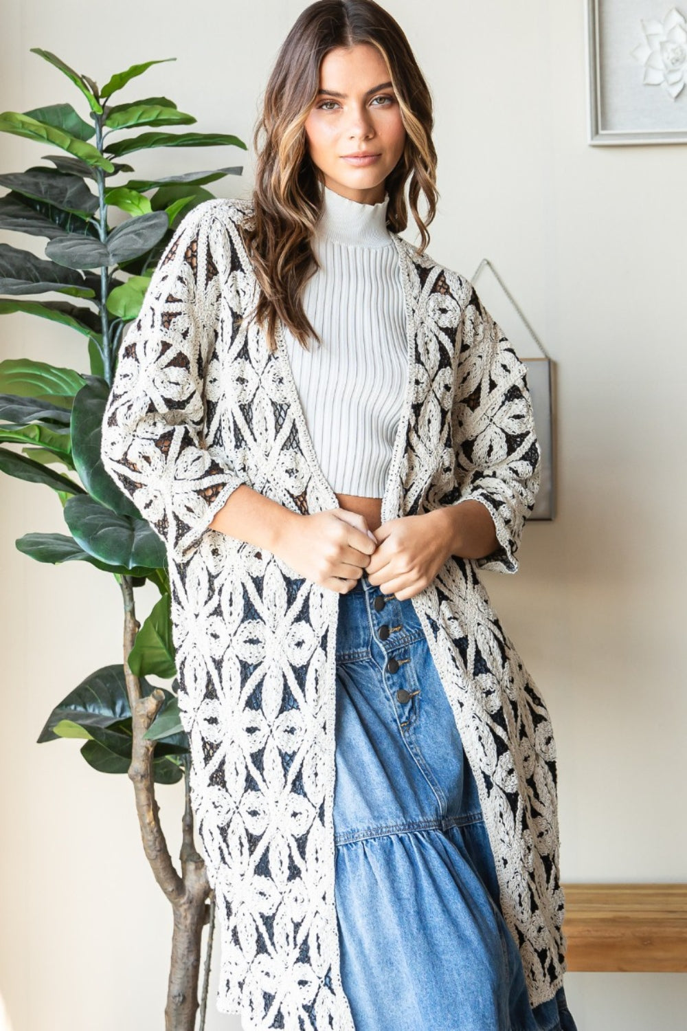 Blue Zone Planet | Veveret Geometric Open Front Three-Quarter Sleeve Cardigan-TOPS / DRESSES-[Adult]-[Female]-NATURAL-One Size-2022 Online Blue Zone Planet