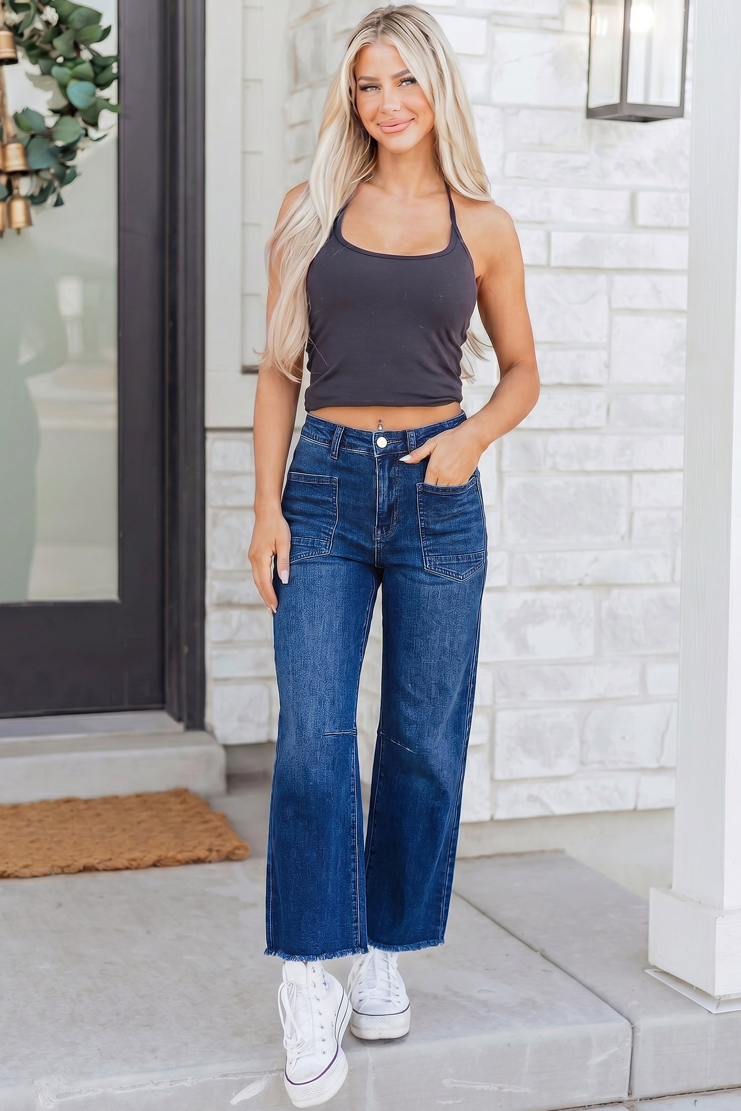 Sail Blue Frayed Cropped Straight Jeans-Bottoms/Jeans-[Adult]-[Female]-2022 Online Blue Zone Planet