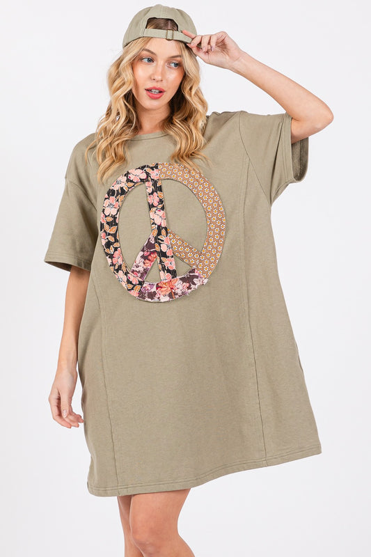 SAGE + FIG Full Size Peace Sign Applique Short Sleeve Tee Dress-TOPS / DRESSES-[Adult]-[Female]-Olive Drab-S-2022 Online Blue Zone Planet