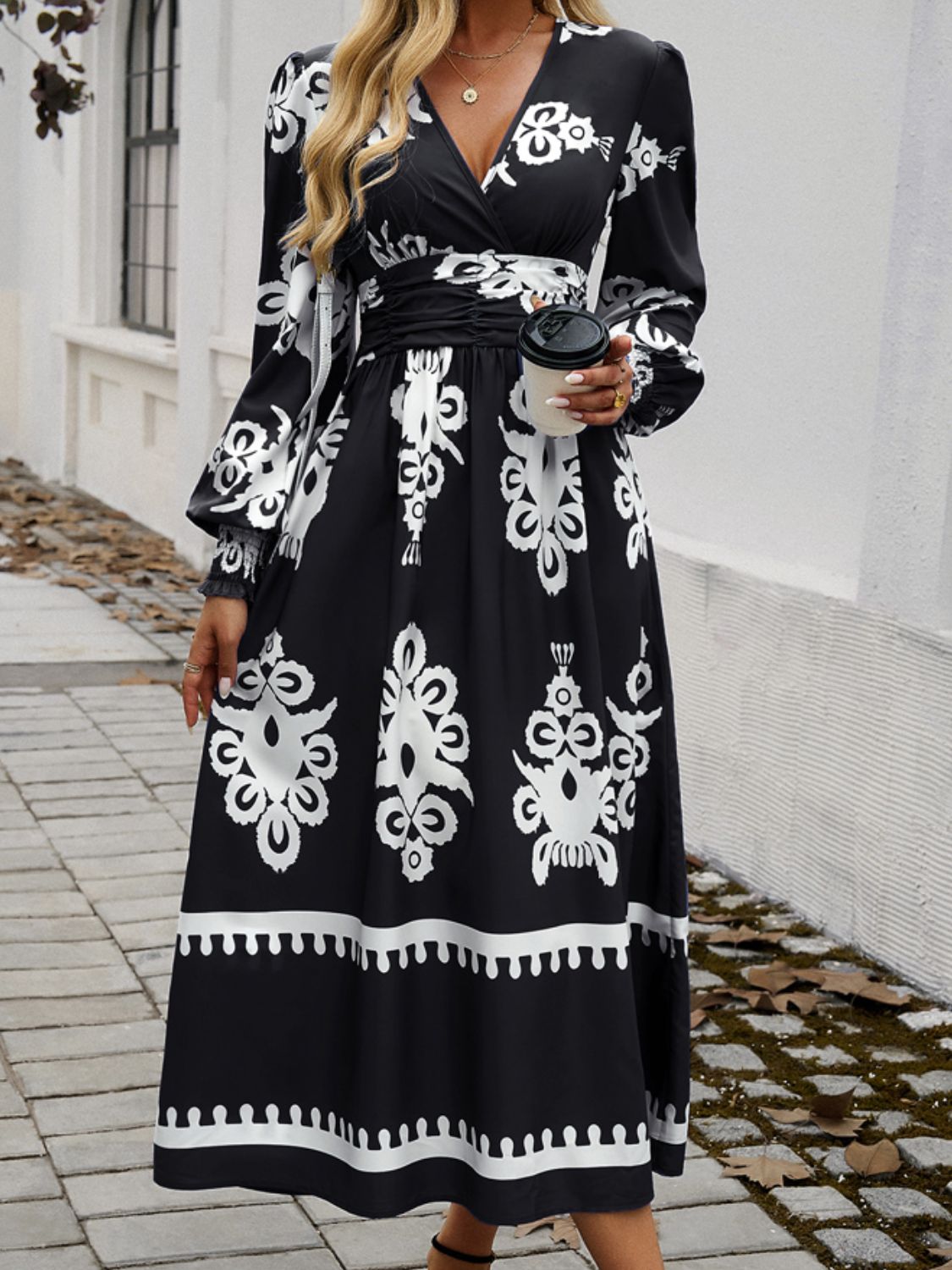 Devine Printed Surplice Lantern Sleeve Midi Dress-TOPS / DRESSES-[Adult]-[Female]-Black-S-2022 Online Blue Zone Planet