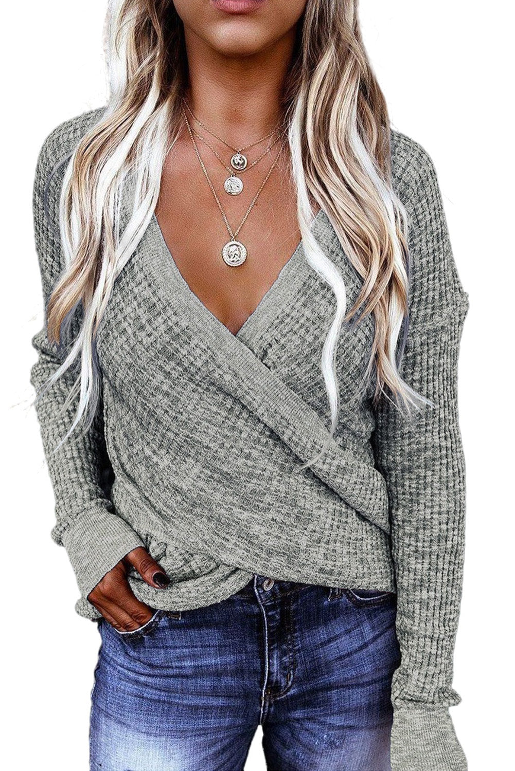 Blue Zone Planet | Khaki Wrap V Neck Waffle Sweater-Sweaters-[Adult]-[Female]-2022 Online Blue Zone Planet