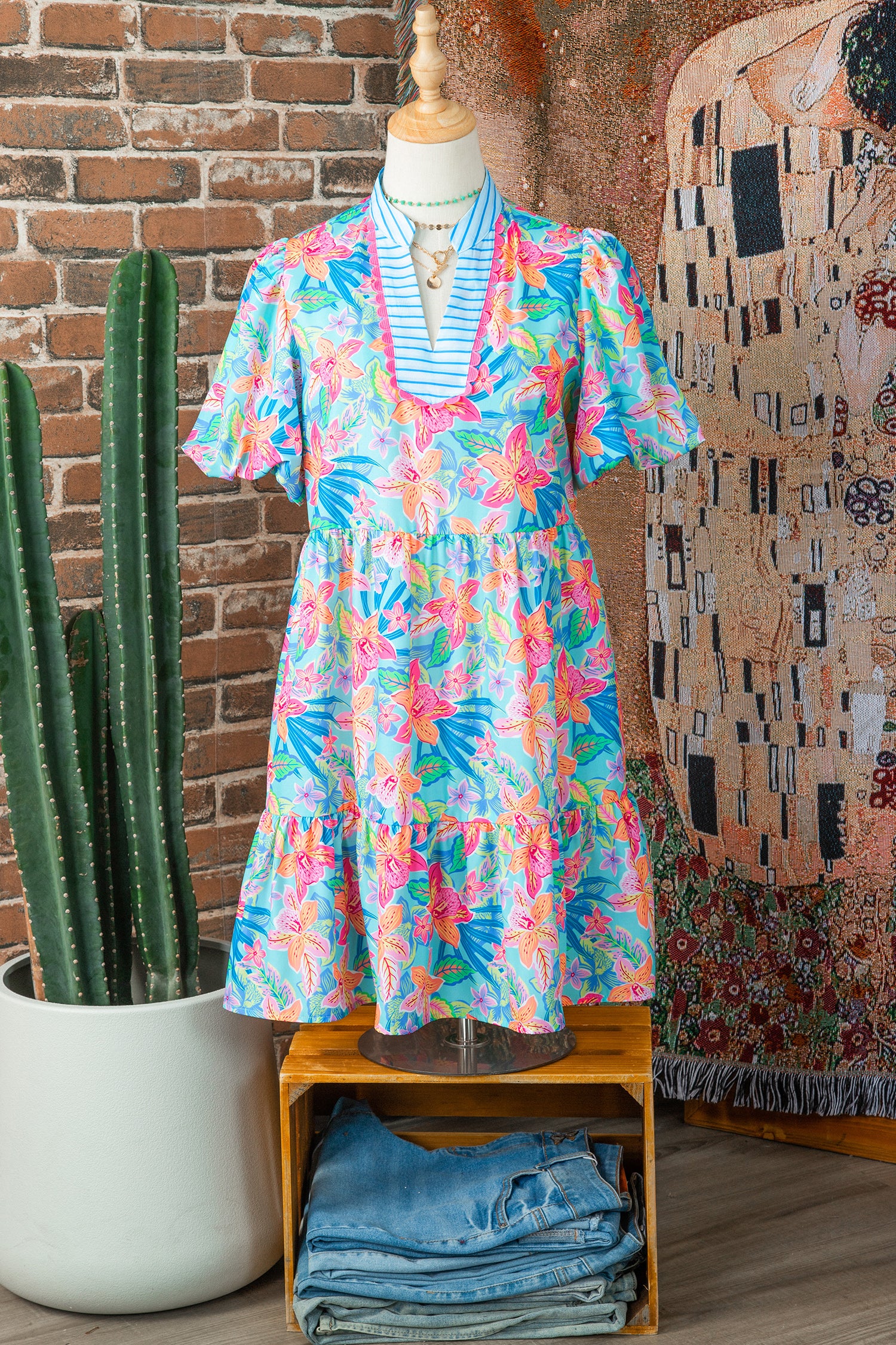 Multicolour Floral Print Contrast Scallop Striped Trim V Neck Dress-TOPS / DRESSES-[Adult]-[Female]-2022 Online Blue Zone Planet