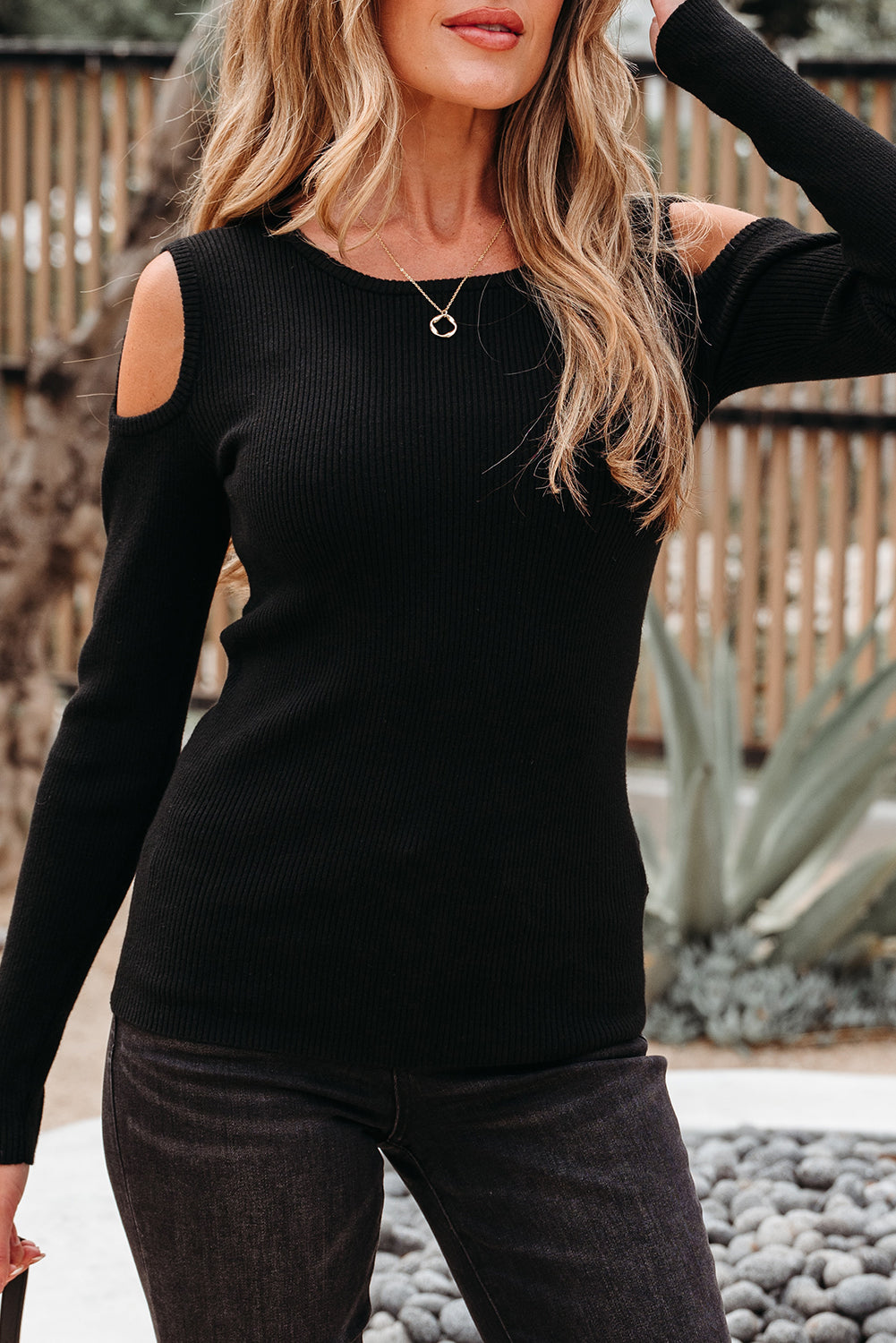 Black Ribbed Knit Cold Shoulder Sweater-TOPS / DRESSES-[Adult]-[Female]-2022 Online Blue Zone Planet
