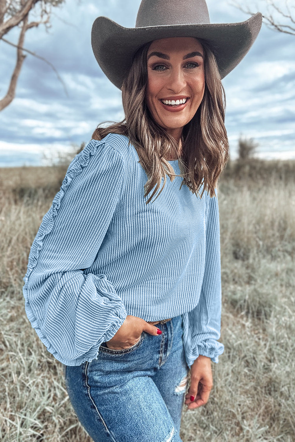 Mist Blue Corded Frilly Puff Sleeve Round Neck Blouse-Tops/Blouses & Shirts-[Adult]-[Female]-2022 Online Blue Zone Planet