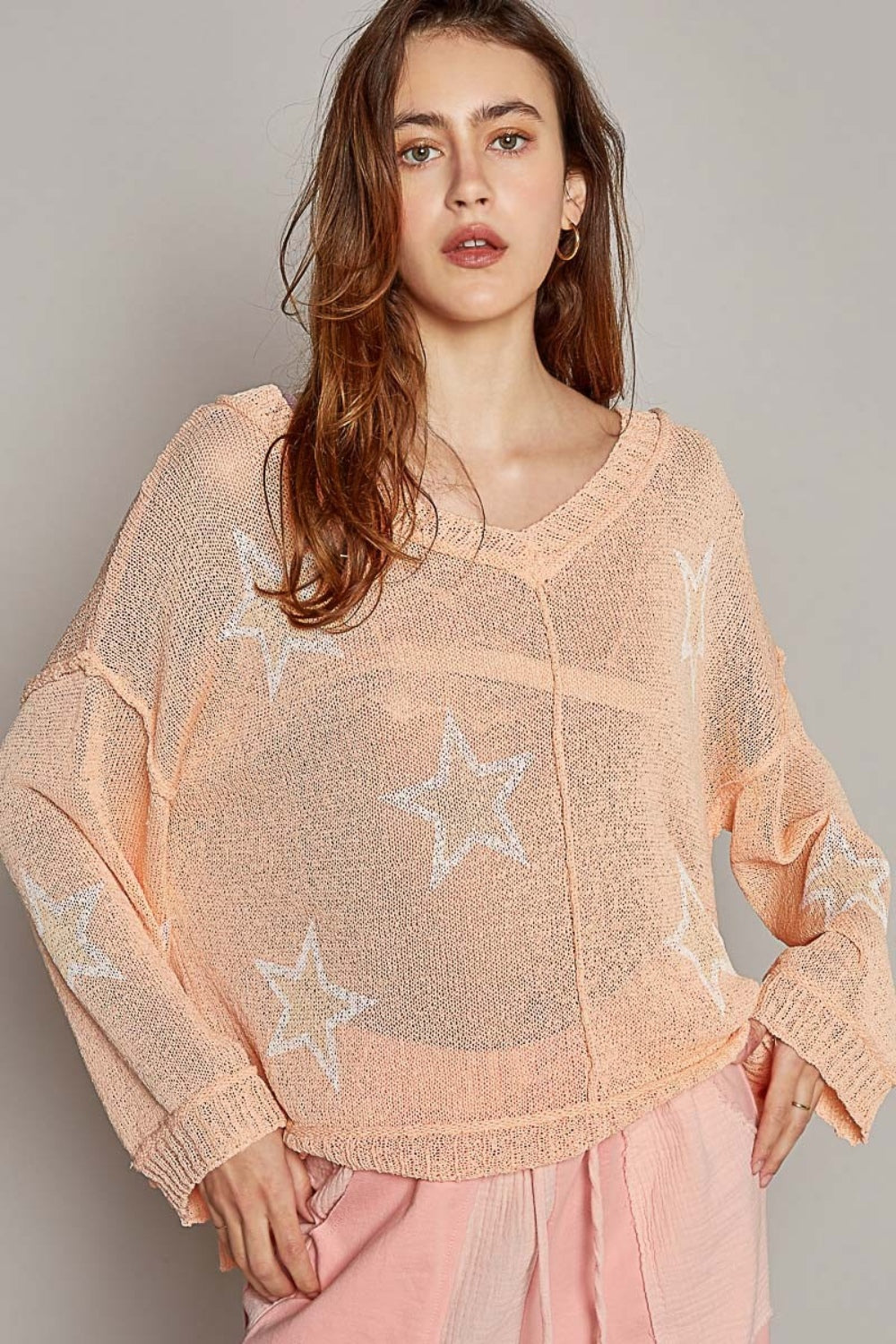 POL V-Neck Long Sleeve Star Print Knit Top-TOPS / DRESSES-[Adult]-[Female]-2022 Online Blue Zone Planet