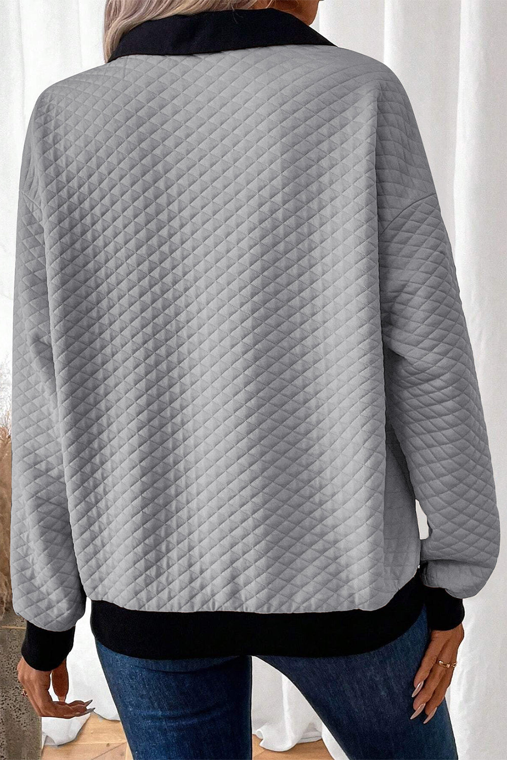 Light Grey Textured Colorblock Edge Buttoned Collar Sweatshirt-Tops/Sweatshirts & Hoodies-[Adult]-[Female]-2022 Online Blue Zone Planet