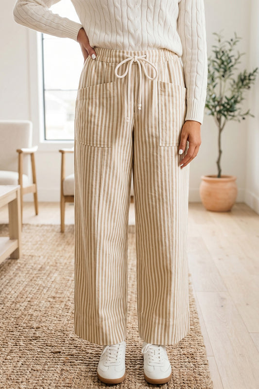 Apricot Stripe Ribbon Drawstring Waist Full-Length Shift Pant-Bottoms/Pants & Culotte-[Adult]-[Female]-2022 Online Blue Zone Planet