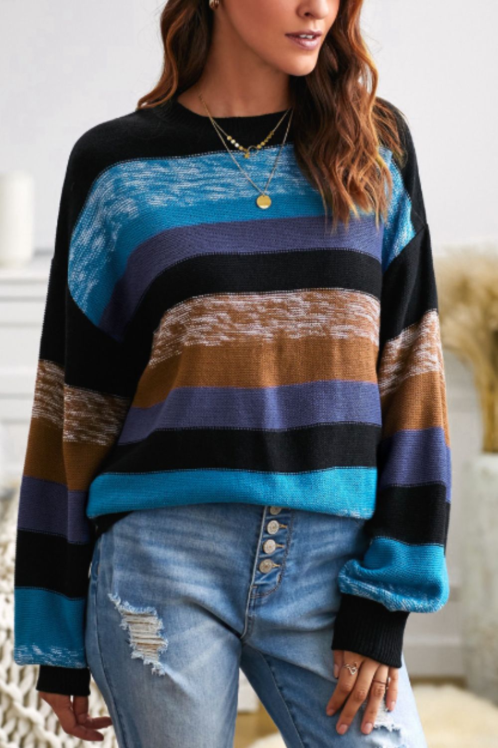 Contrast Striped Round Neck Drop Shoulder Sweater-TOPS / DRESSES-[Adult]-[Female]-2022 Online Blue Zone Planet