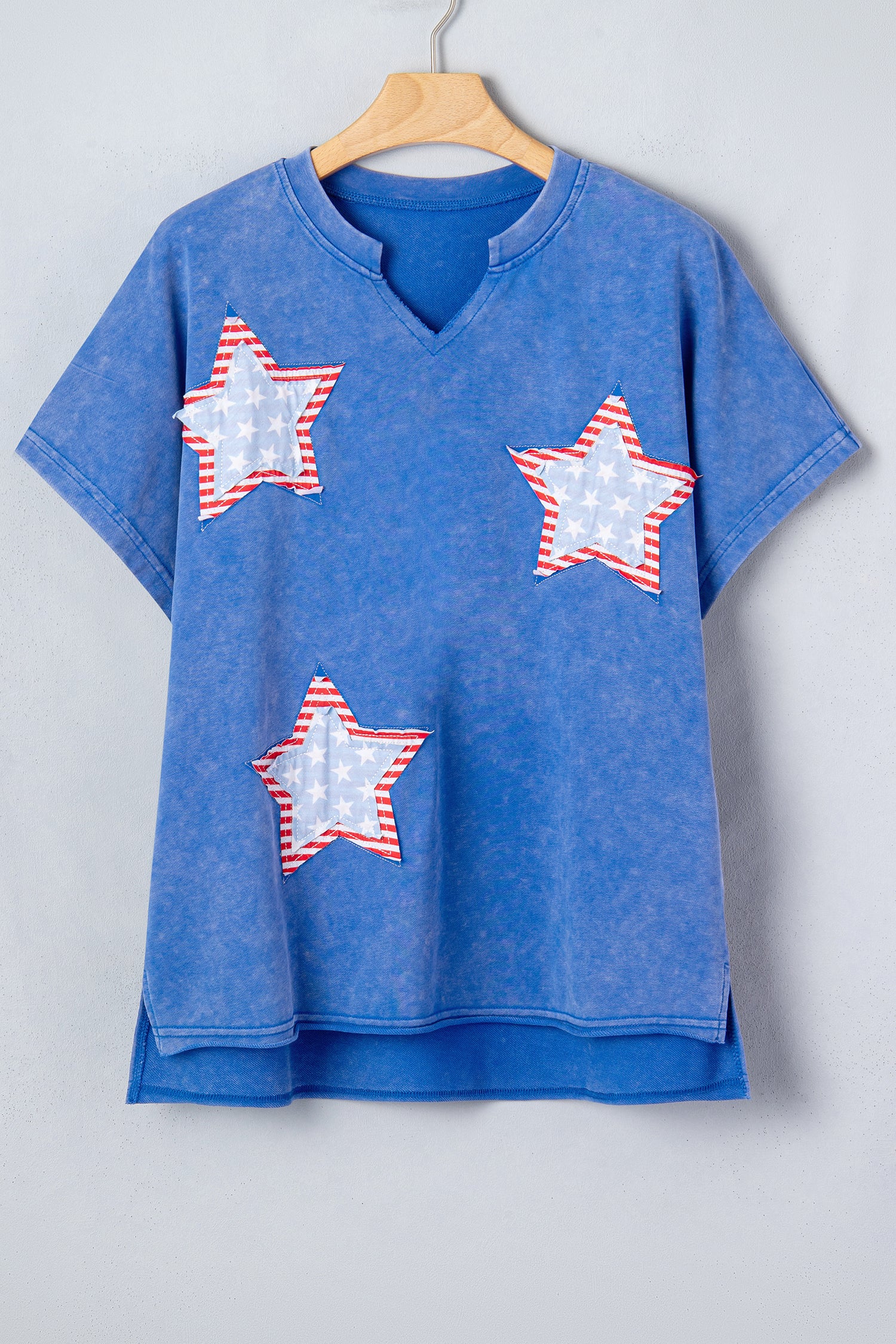 White Patriot Star Patched Notched Neck Mineral Washed Tee-Tops/Tops & Tees-[Adult]-[Female]-2022 Online Blue Zone Planet