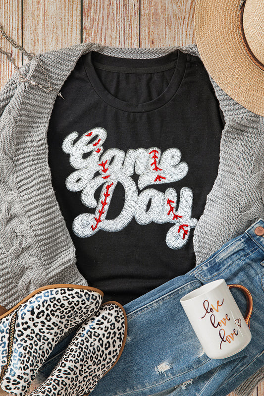 Black Sequin Game Day Graphic Crew Neck Tee-Graphic/Graphic Tees-[Adult]-[Female]-Black-S-2022 Online Blue Zone Planet