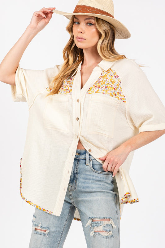 SAGE + FIG Full Size Floral Detail Button Up Short Sleeve Shirt-TOPS / DRESSES-[Adult]-[Female]-Ivory-S-2022 Online Blue Zone Planet