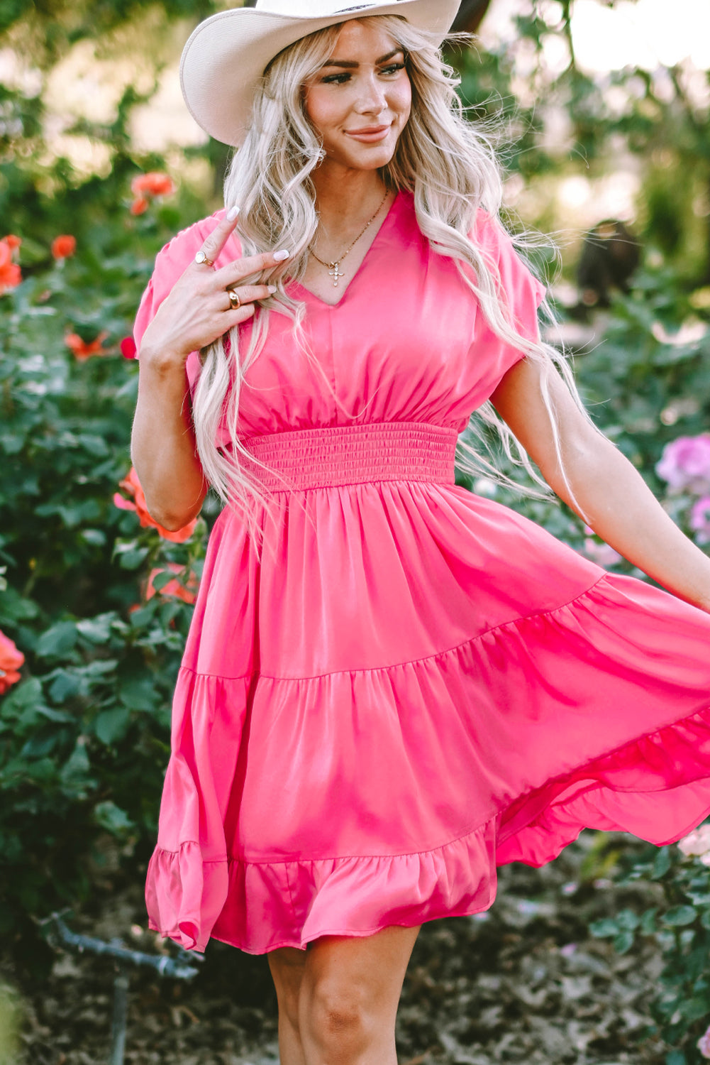 Strawberry Pink Ruched Sleeve V Neck Smock Waist Tiered Ruffled Dress Blue Zone Planet