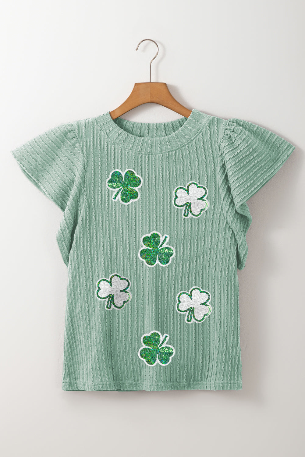 Sequin Lucky Clover Round Neck Cap Sleeve Blouse-TOPS / DRESSES-[Adult]-[Female]-2022 Online Blue Zone Planet