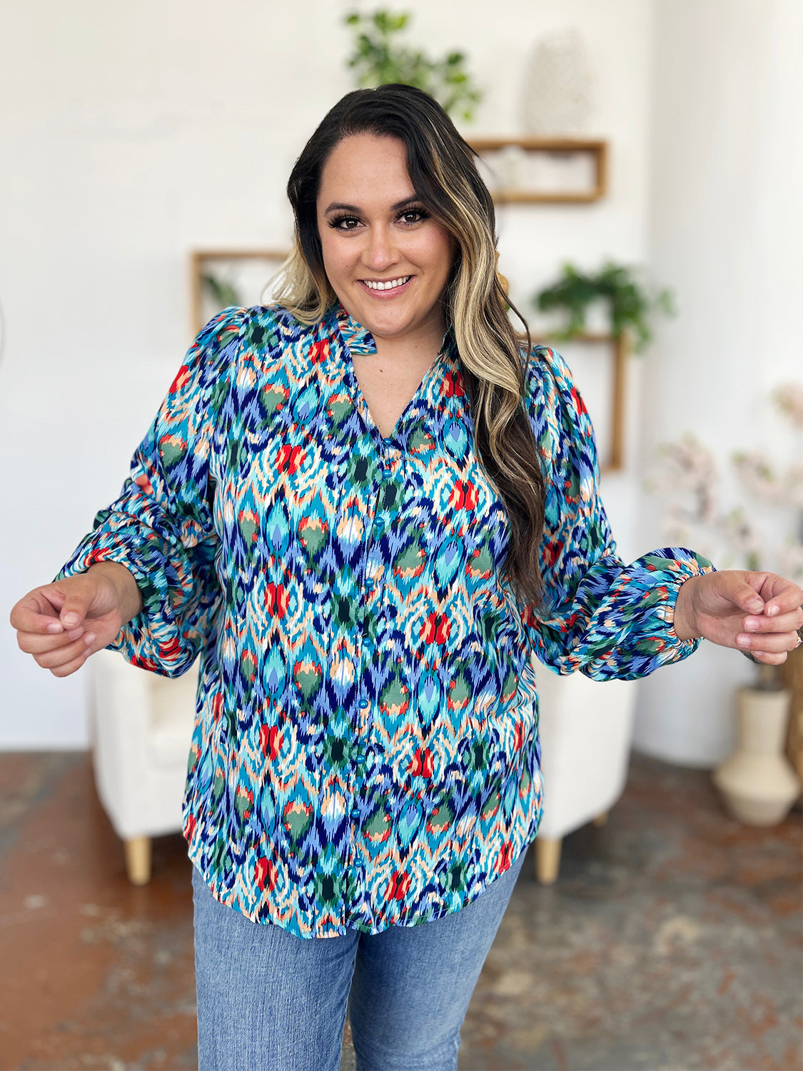 Blue Zone Planet | Double Take Full Size Printed Balloon Sleeve Blouse-TOPS / DRESSES-[Adult]-[Female]-2022 Online Blue Zone Planet