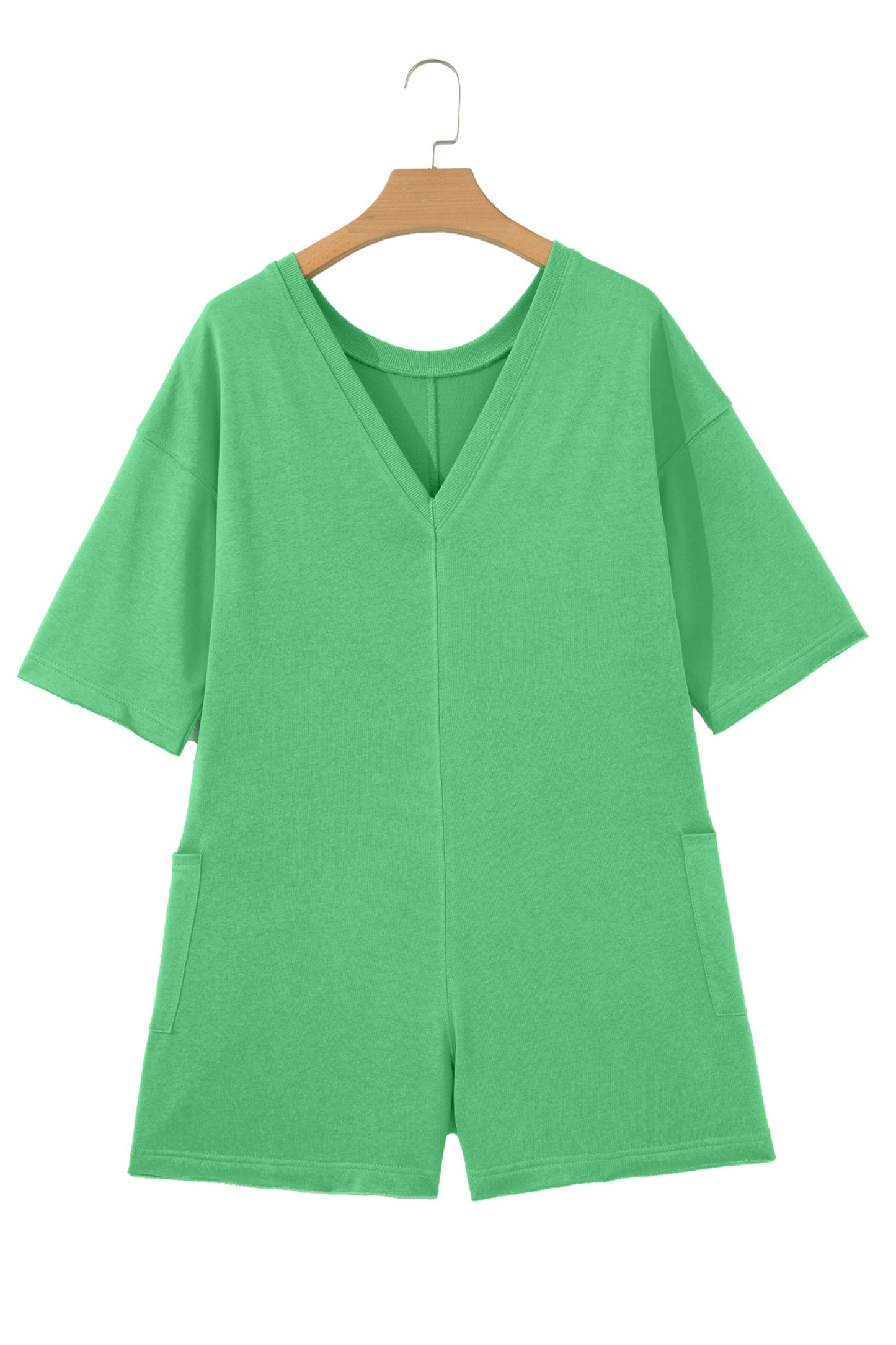 Bright Green Solid Color Raw Edge Half Sleeve Pocketed Loose Romper-Bottoms/Jumpsuits & Rompers-[Adult]-[Female]-2022 Online Blue Zone Planet