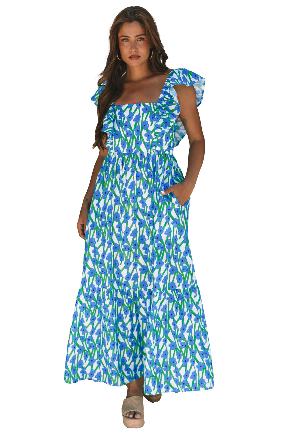 Blue Floral Print Square Neck Ruffled Strap Maxi Dress-TOPS / DRESSES-[Adult]-[Female]-2022 Online Blue Zone Planet