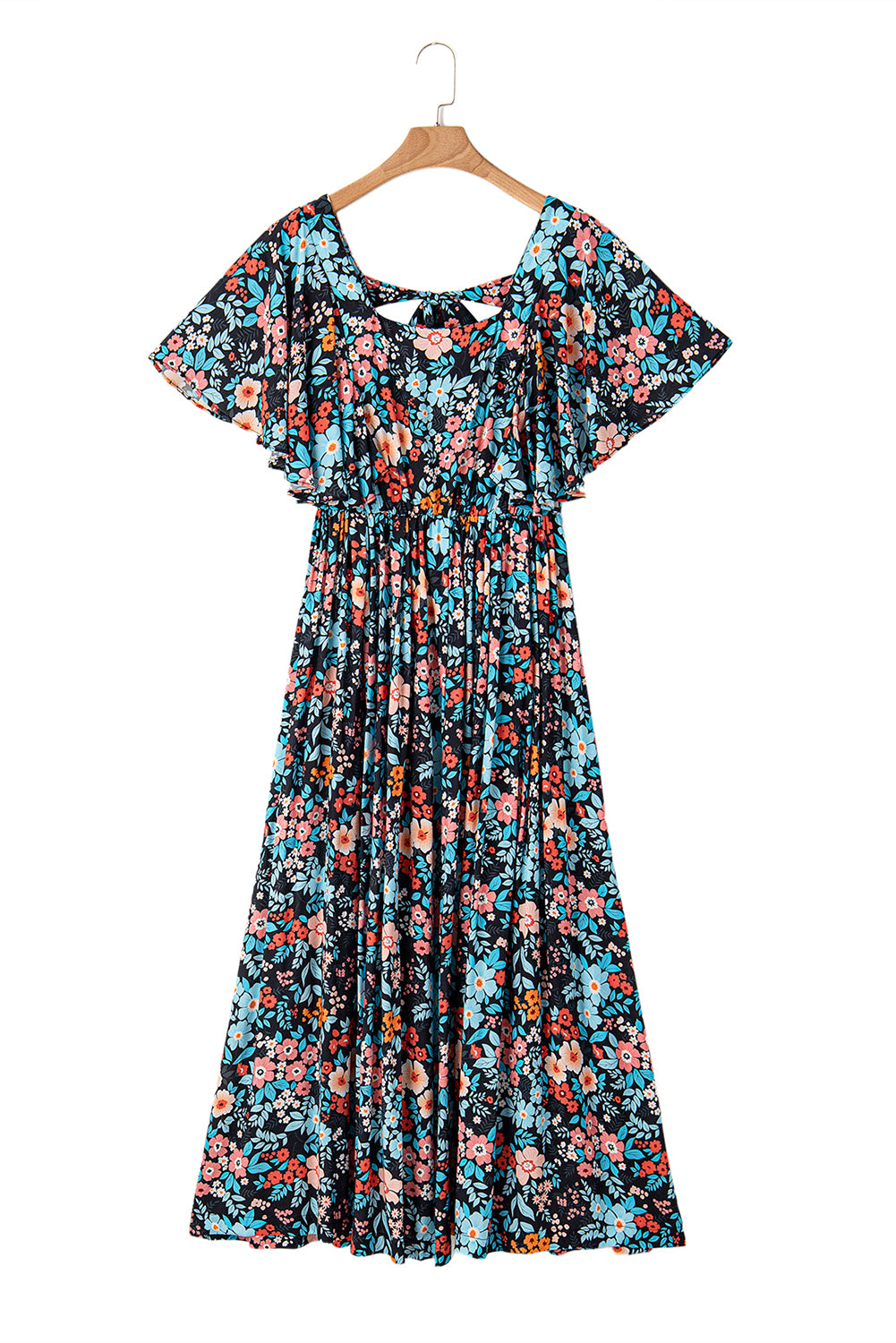 Sky Blue Boho Floral Print Knotted Backless Maxi Dress-Maxi Dresses-[Adult]-[Female]-2022 Online Blue Zone Planet