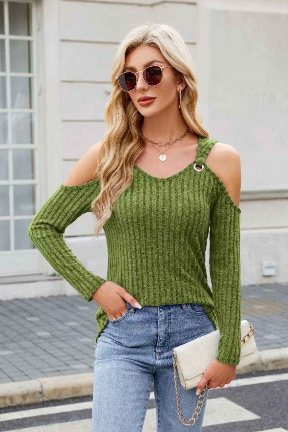 Ribbed Cold Shoulder Long Sleeve Top-TOPS / DRESSES-[Adult]-[Female]-Moss-S-2022 Online Blue Zone Planet