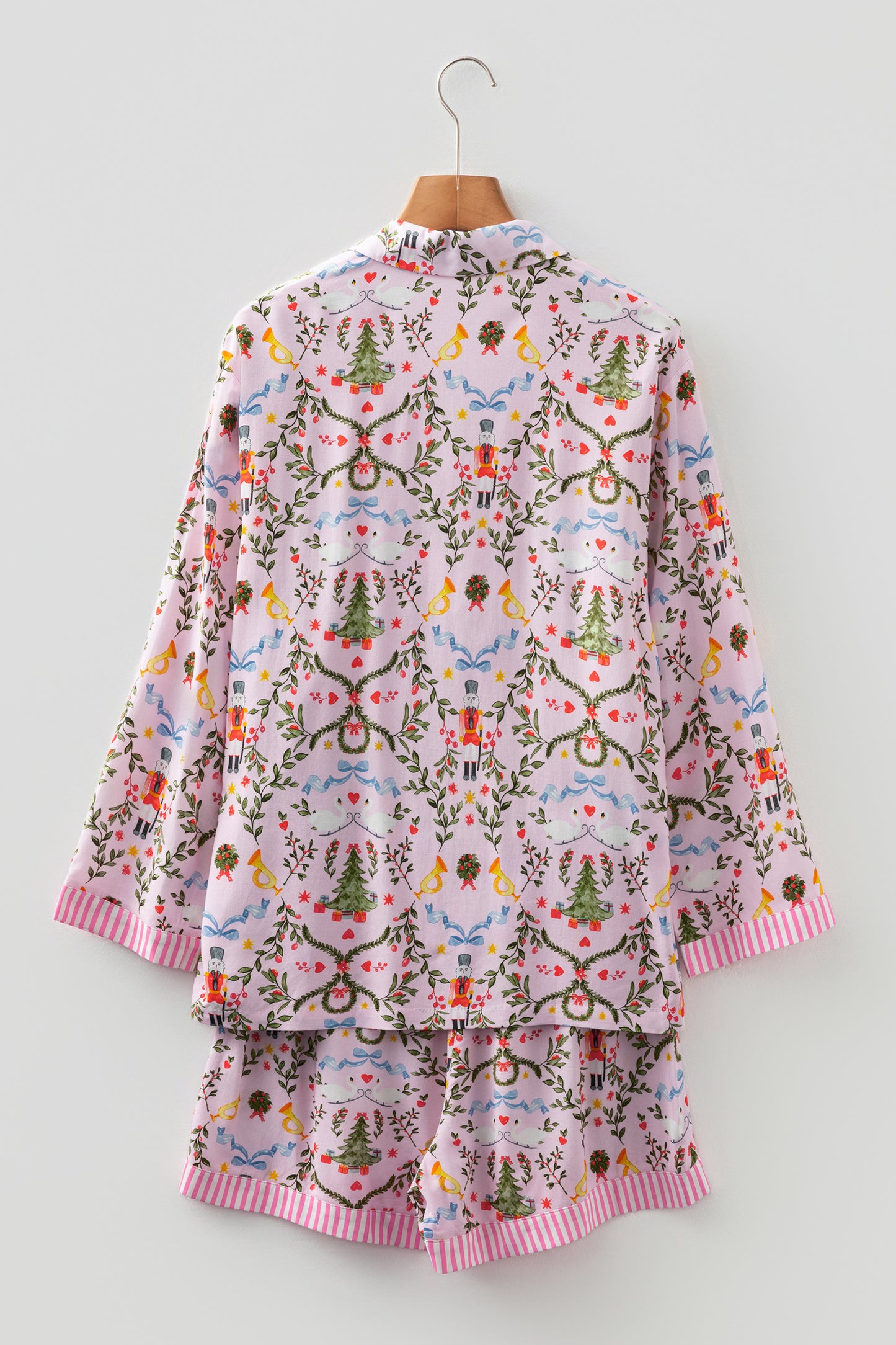 Pink Christmas Holiday Print Nutcracker Long Sleeve Shorts 2pcs Pajama Set-Loungewear & Sleepwear/Sleepwear-[Adult]-[Female]-2022 Online Blue Zone Planet