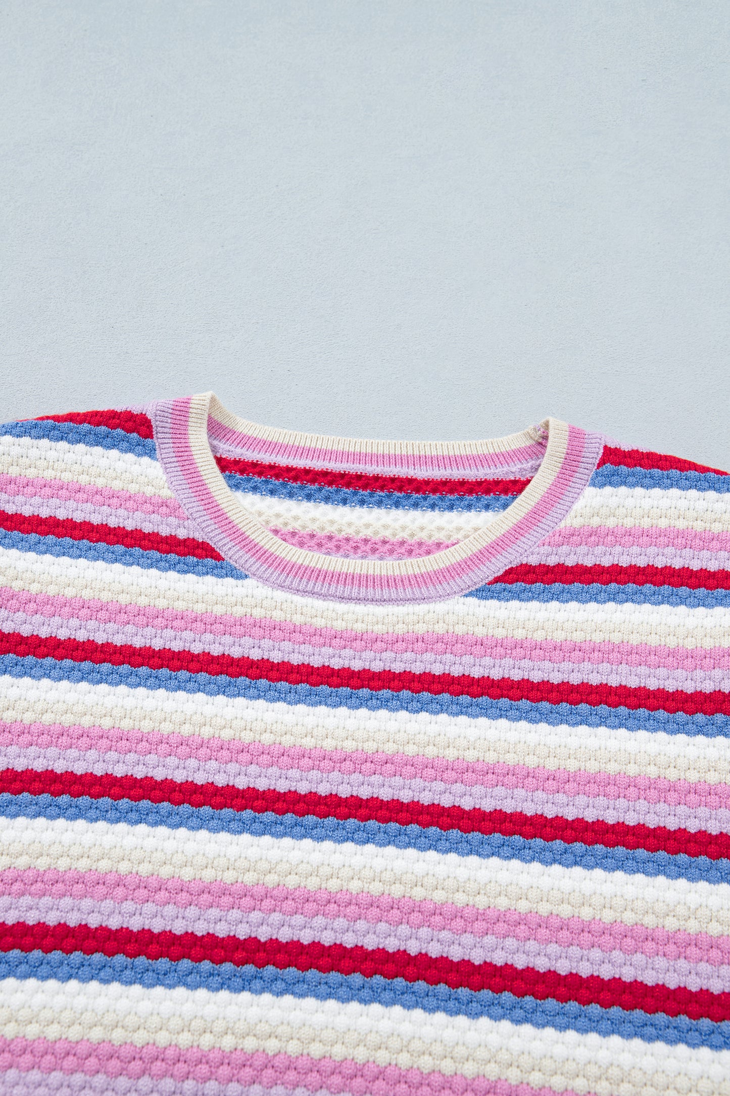 Multicolour Textured Stripes Knit Short Sleeve Sweater-Sweaters & Cardigans/Short Sleeve Sweaters-[Adult]-[Female]-2022 Online Blue Zone Planet