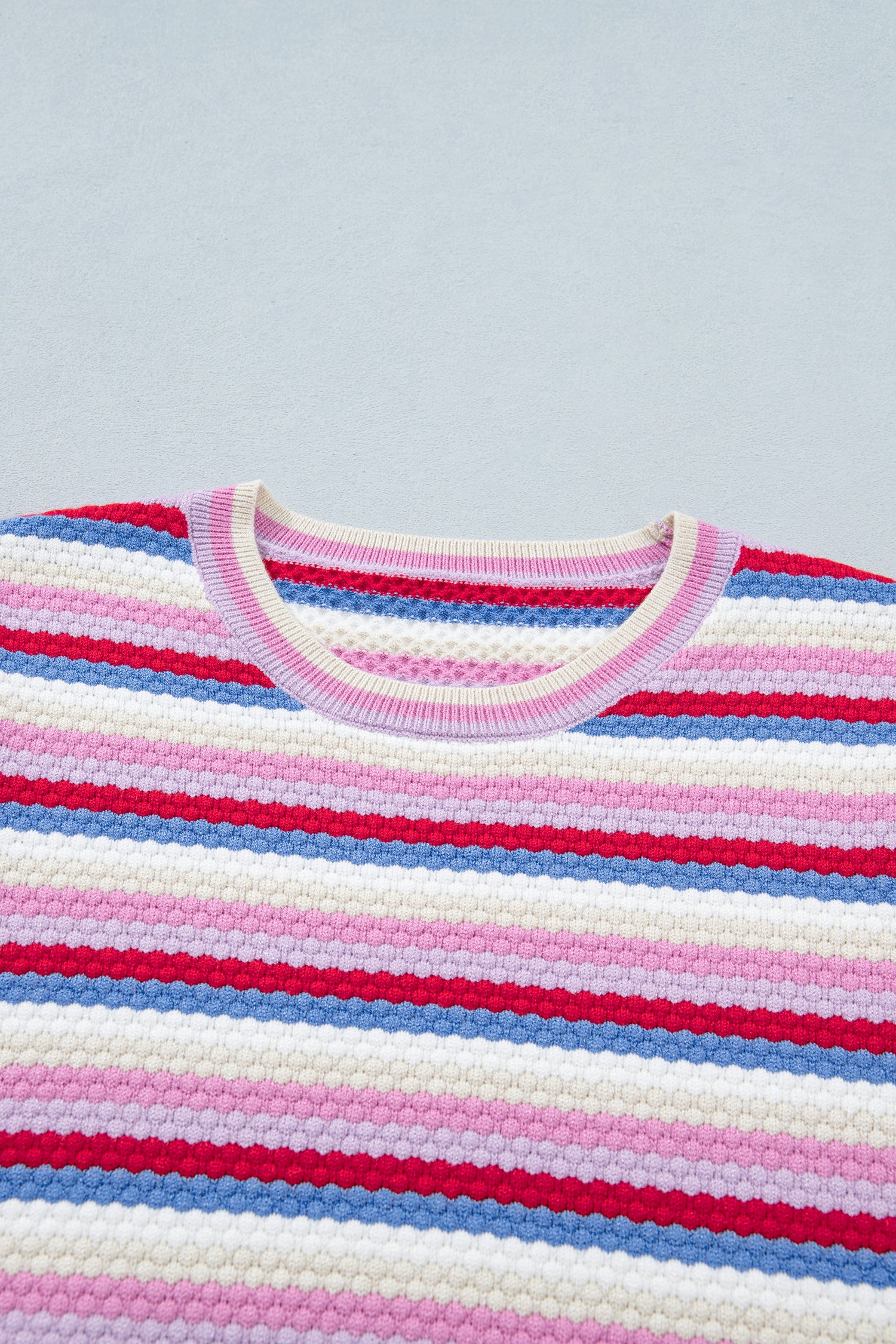 Multicolour Textured Stripes Knit Short Sleeve Sweater-Sweaters & Cardigans/Short Sleeve Sweaters-[Adult]-[Female]-2022 Online Blue Zone Planet