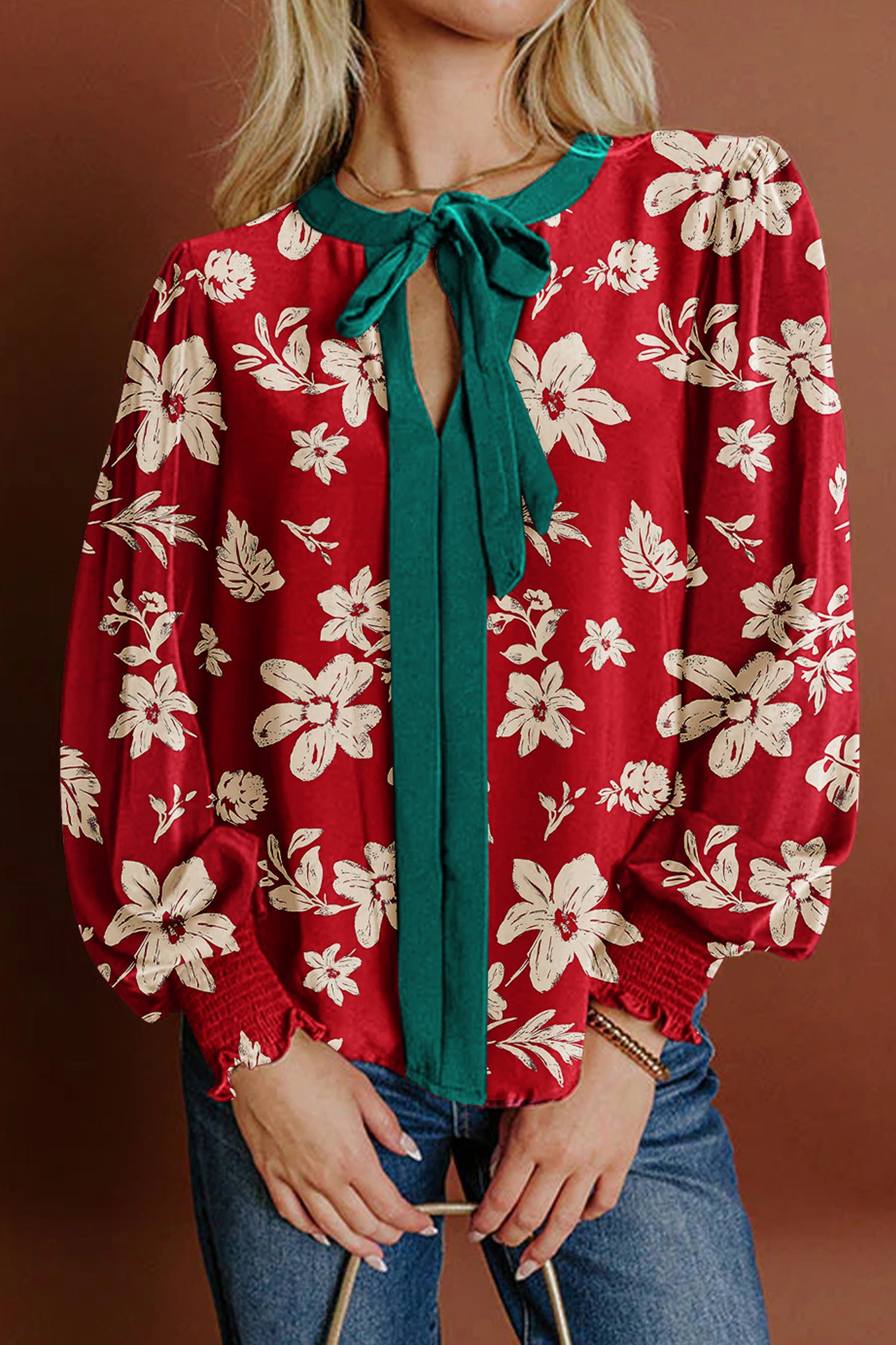 Red Contrast Tied Neck Shirred Puff Sleeve Flower Blouse-Tops/Blouses & Shirts-[Adult]-[Female]-Red-S-2022 Online Blue Zone Planet
