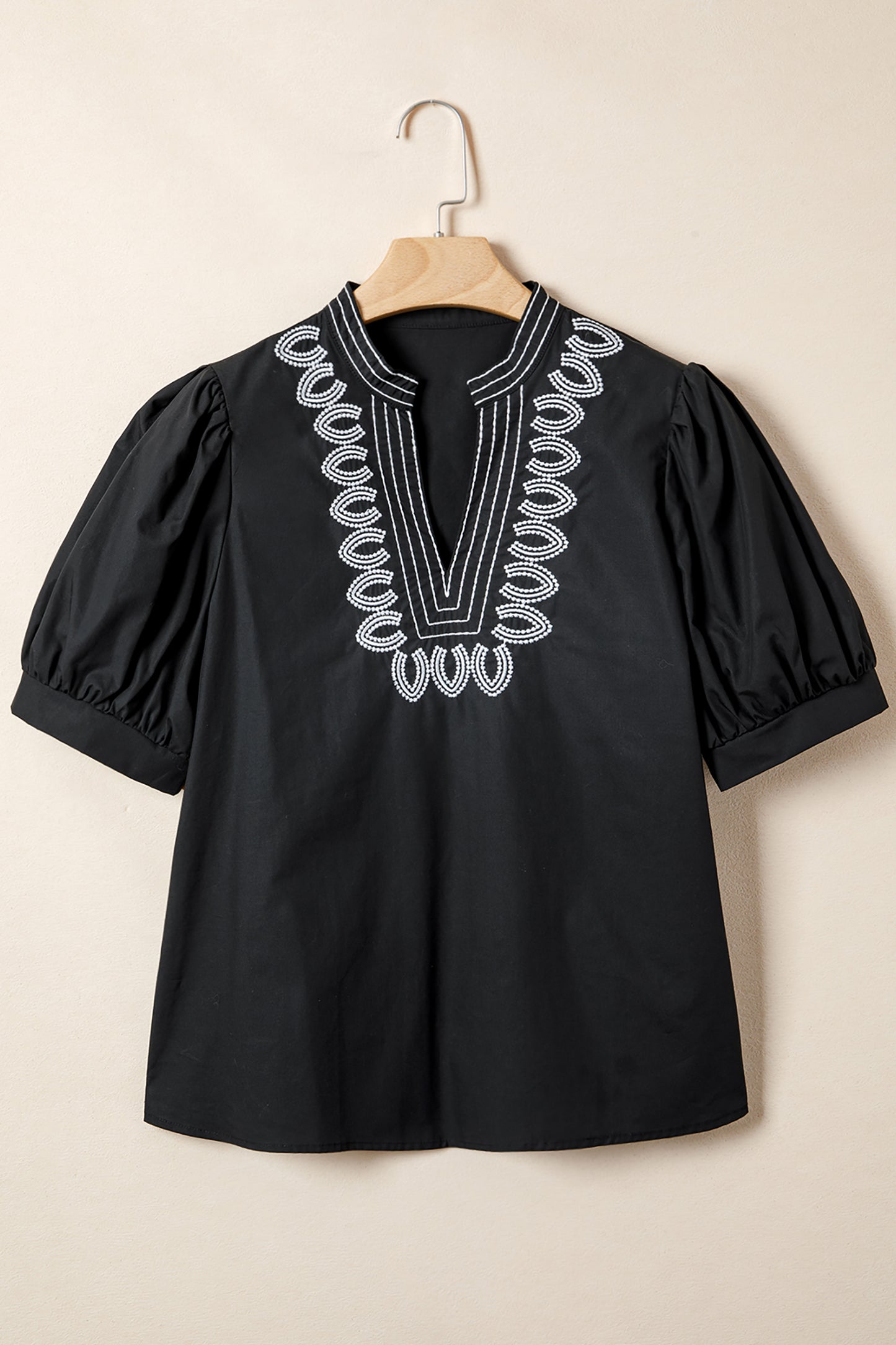 Black Short Puff Sleeve Contrast Embroidered Detail V Neck Blouse-Tops/Blouses & Shirts-[Adult]-[Female]-2022 Online Blue Zone Planet