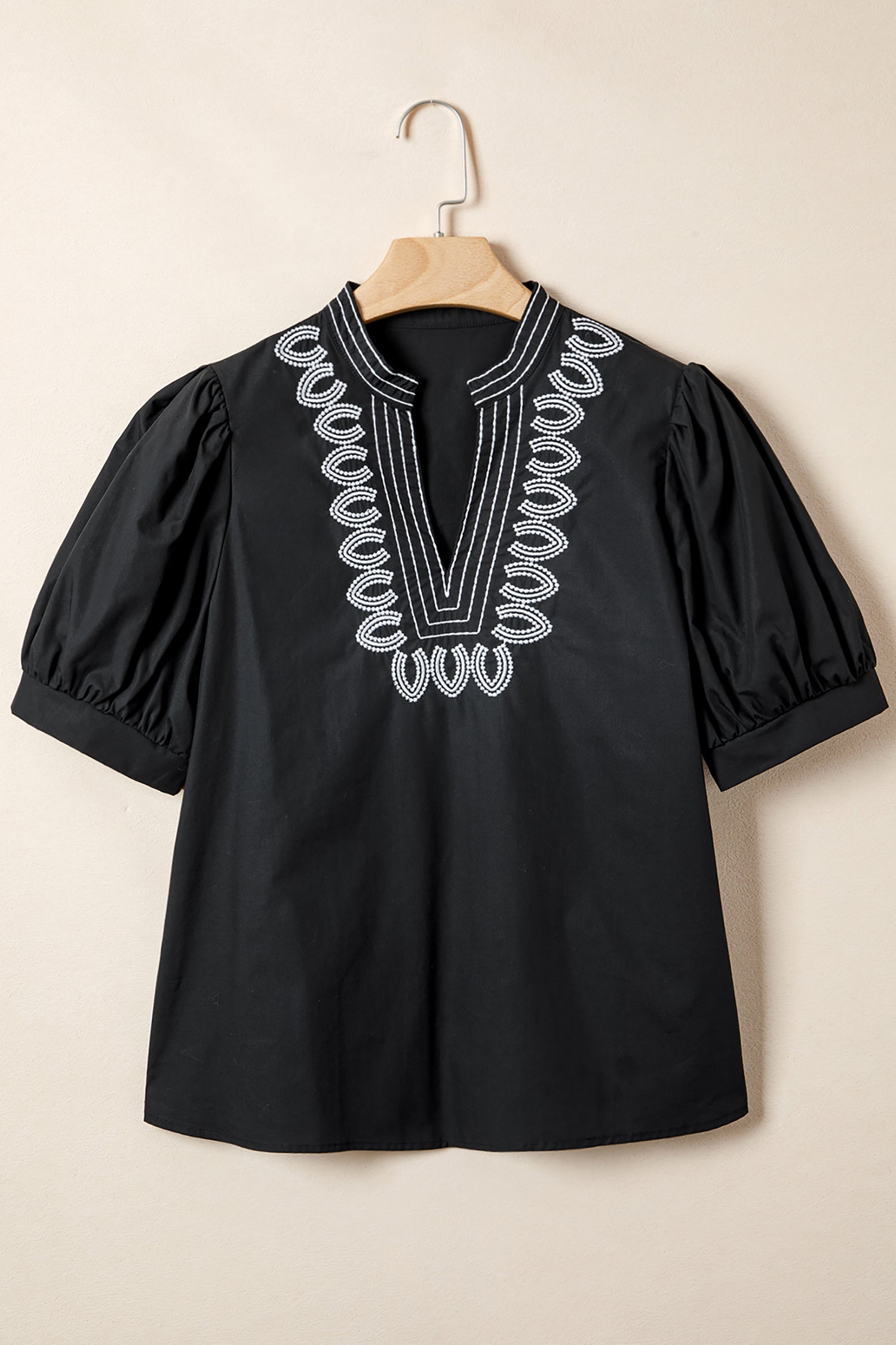 Black Short Puff Sleeve Contrast Embroidered Detail V Neck Blouse-Tops/Blouses & Shirts-[Adult]-[Female]-2022 Online Blue Zone Planet