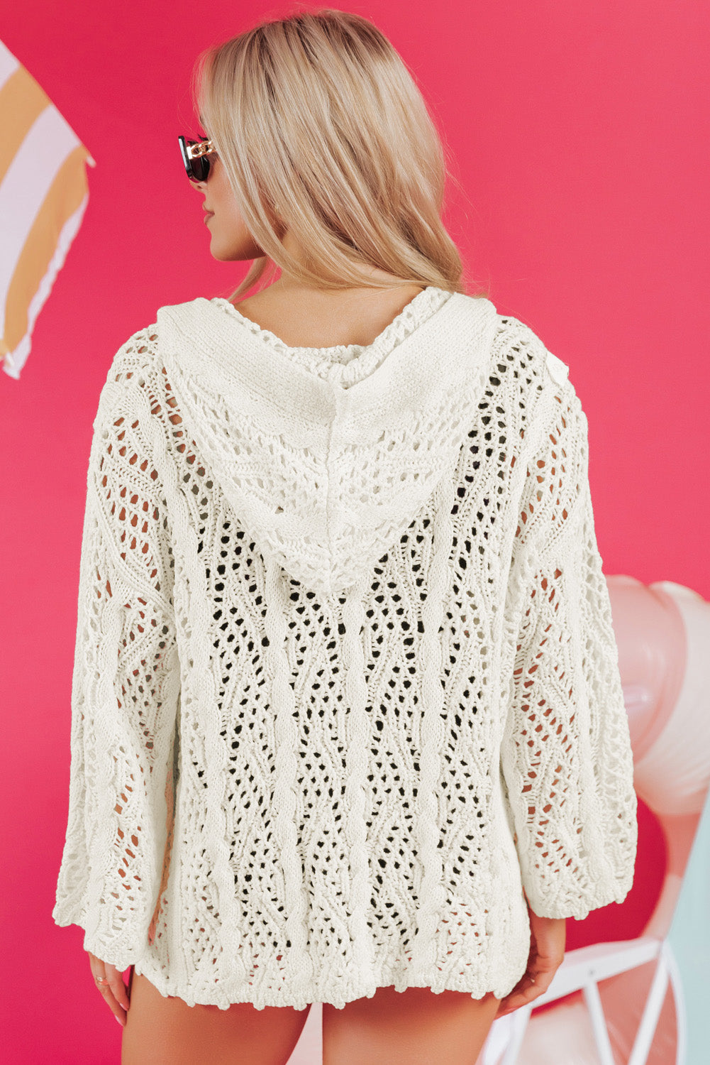 White Fashion Open Knit Hooded Beach Cover Up-Tops / Dresses-[Adult]-[Female]-2022 Online Blue Zone Planet