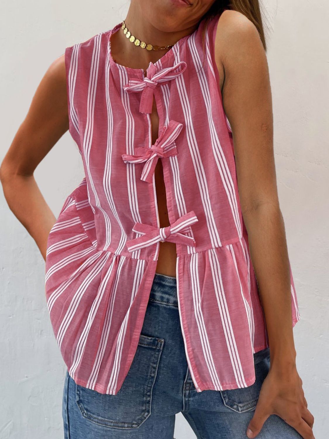 Tied Striped Round Neck Tank-TOPS / DRESSES-[Adult]-[Female]-Fuchsia Pink-S-2022 Online Blue Zone Planet