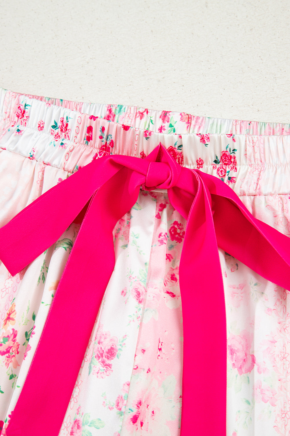 Pink Mixed Floral Print Contrast Piping Trim Satin Tie 2pcs Pajama Set-Loungewear & Sleepwear/Sleepwear-[Adult]-[Female]-2022 Online Blue Zone Planet